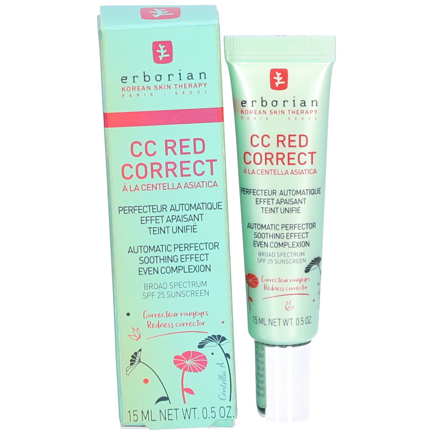 Emballage et tube du produit. Inscription: CC Red Correct, Erborian. 15 ml. Avec protection solaire SPF 25.