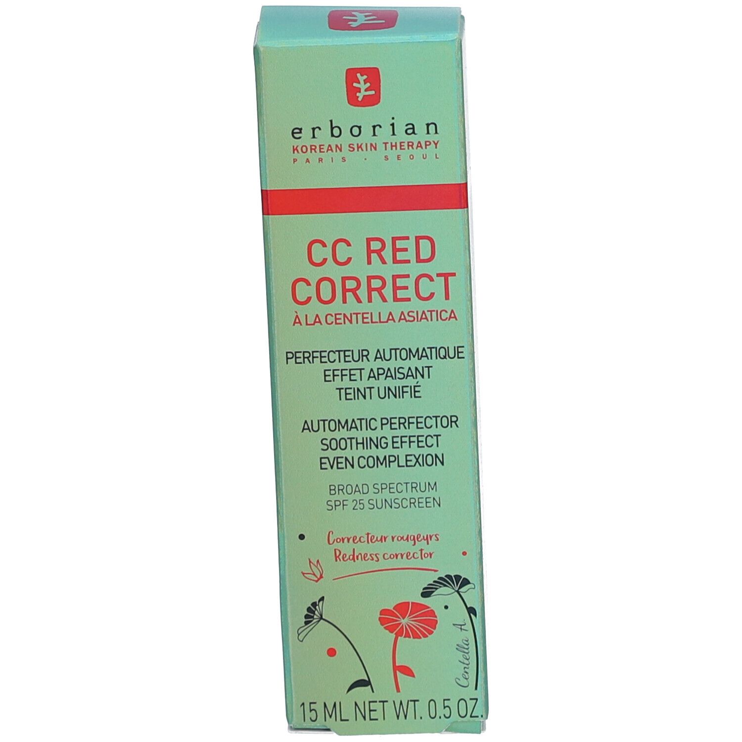 Emballage vert du produit. Inscription: CC Red Correct, Erborian. 15 ml. Avec protection solaire SPF 25.