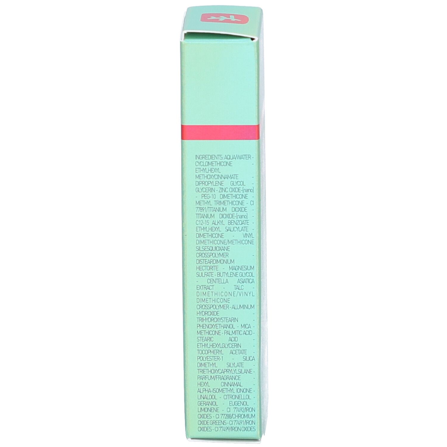 Côté de l'emballage vert du produit. Liste des ingrédients en anglais.