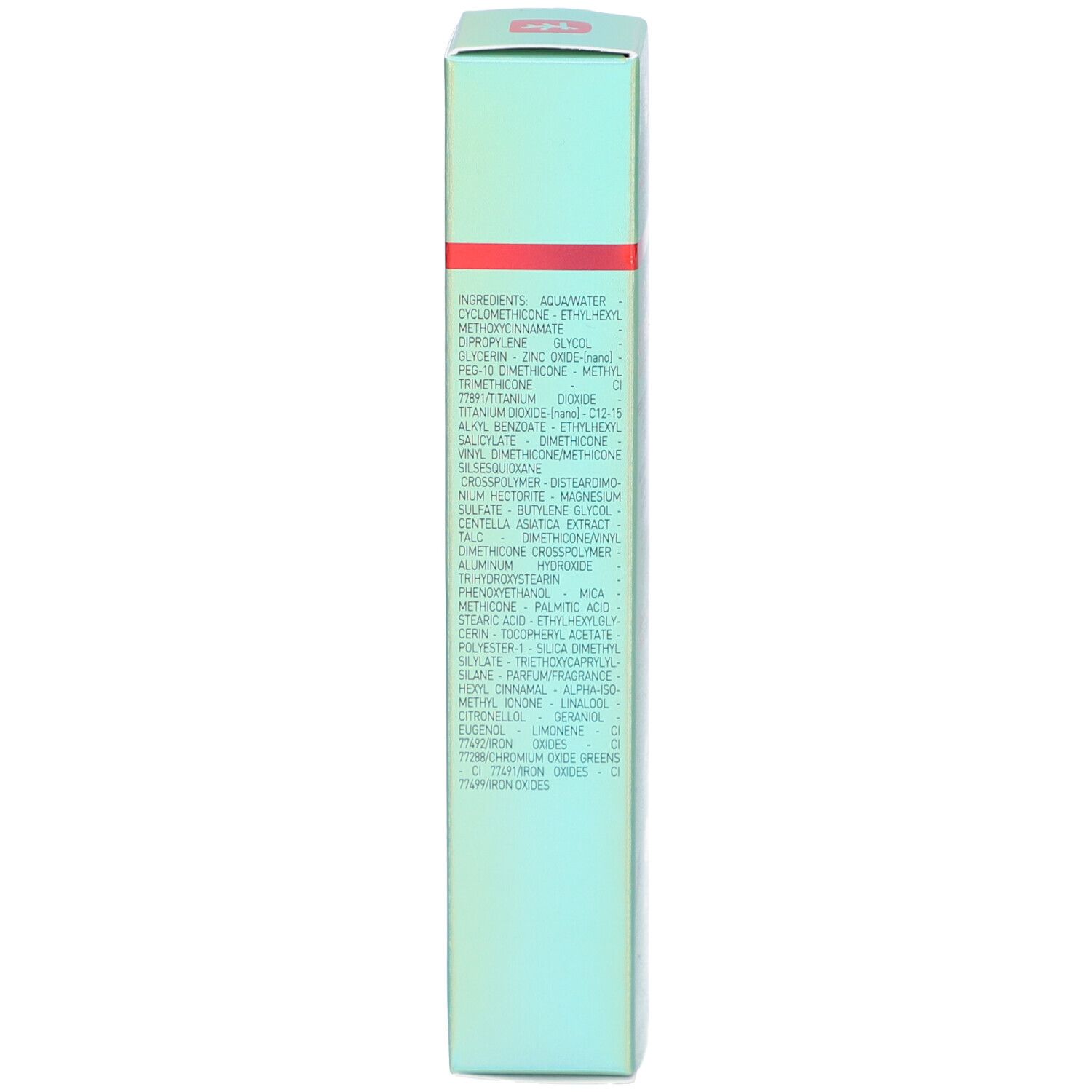 Rückseite der Produktverpackung. Enthält Inhaltsstoffe und Produktinformationen in mehreren Sprachen.