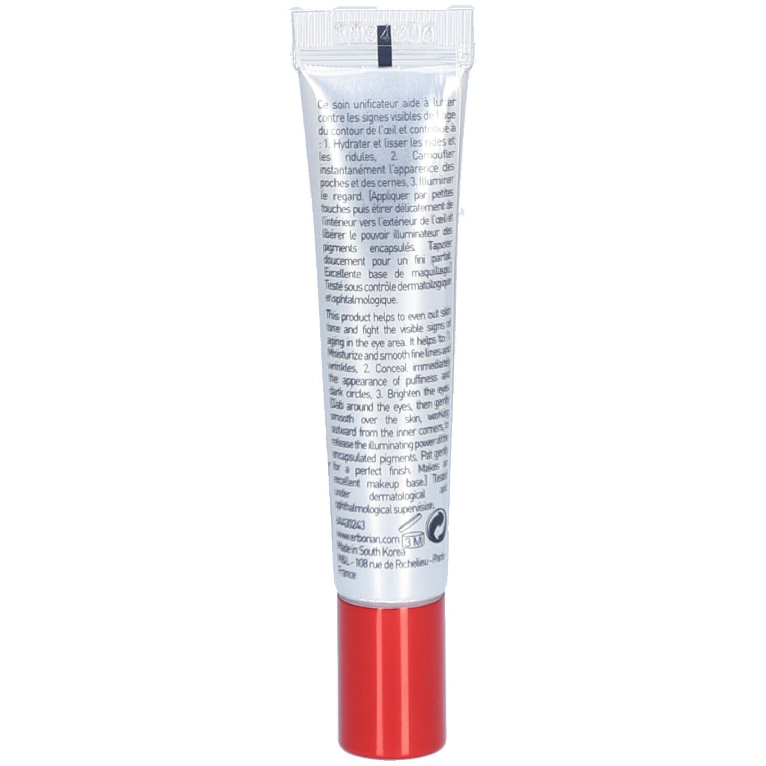 Dos du tube de crème Erborian CC Eye. Texte multilingue. Bouchon rouge.