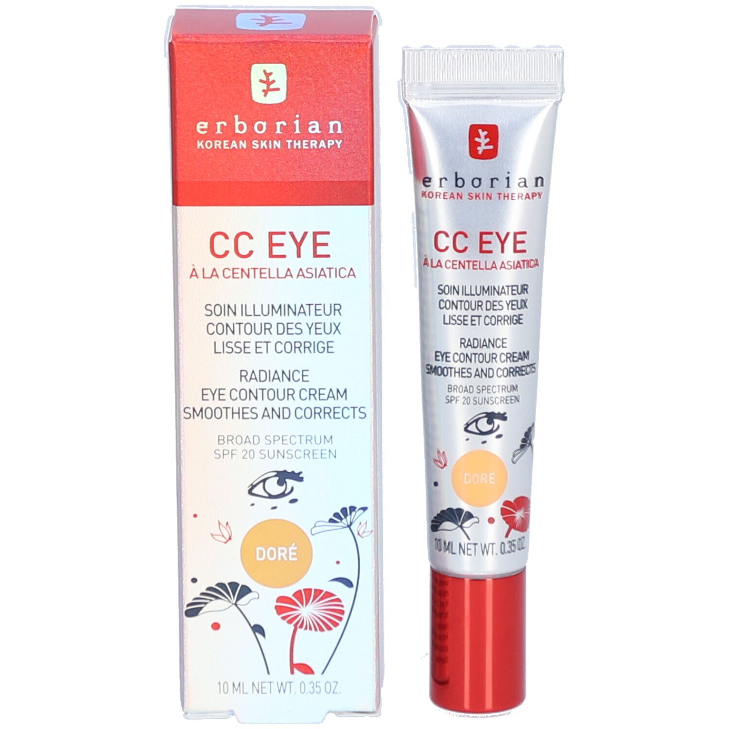 Erborian CC Eye crème et emballage. Tube et boîte. "Doré" sur la boîte et le tube.