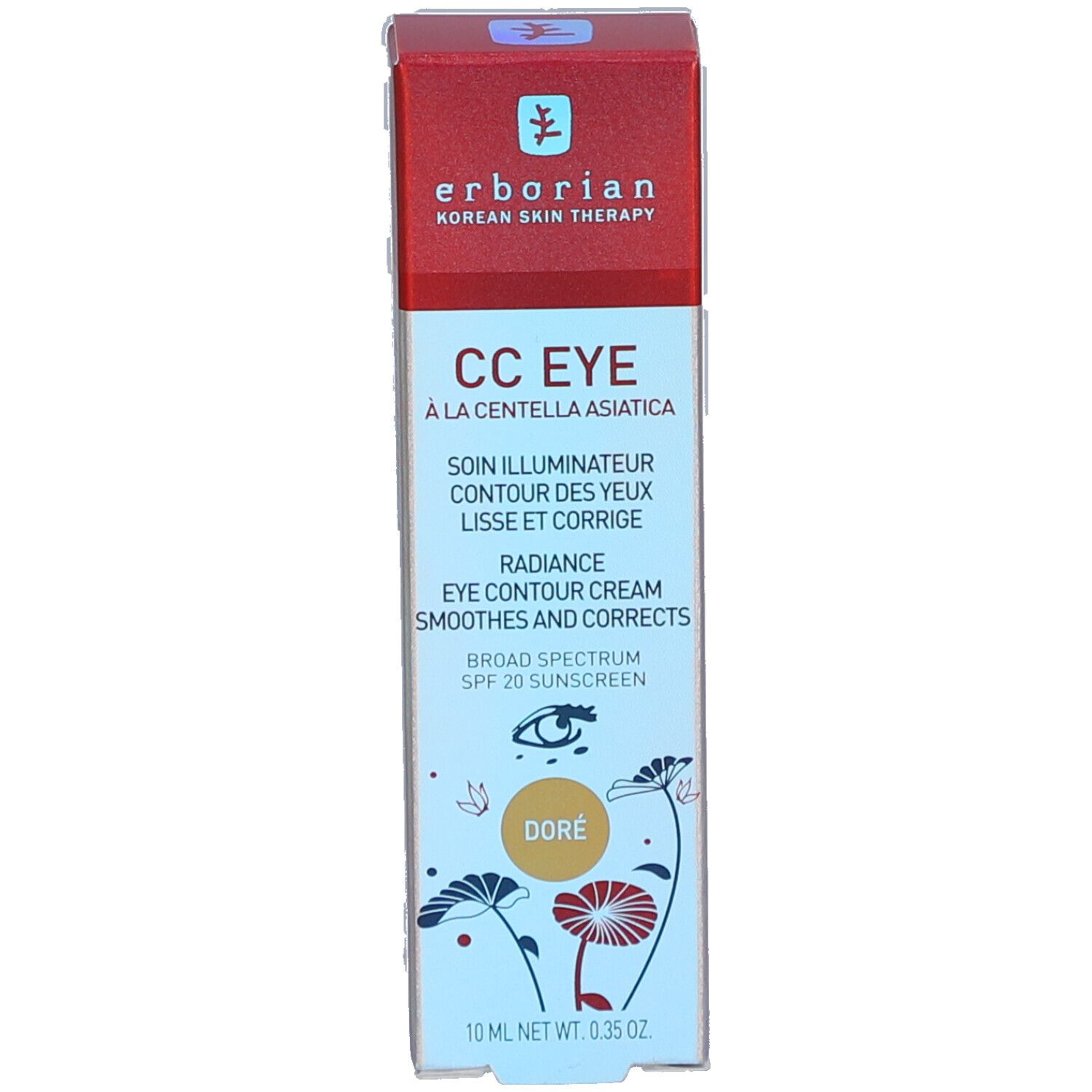 Emballage Erborian CC Eye. Boîte rouge avec texte et logo. "Doré" sur la boîte.