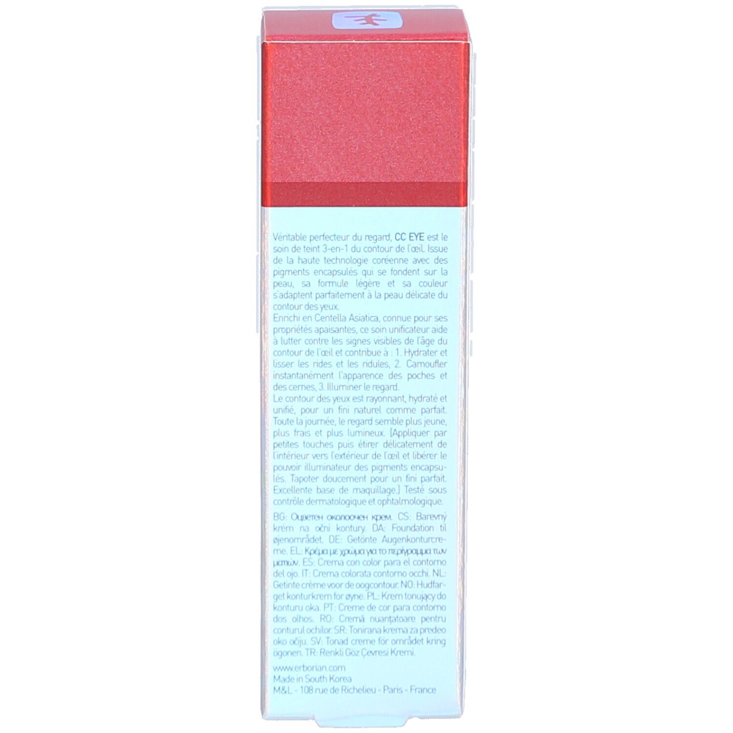 Côté de l'emballage Erborian CC Eye. Texte multilingue. Couleurs rouge et bleu.