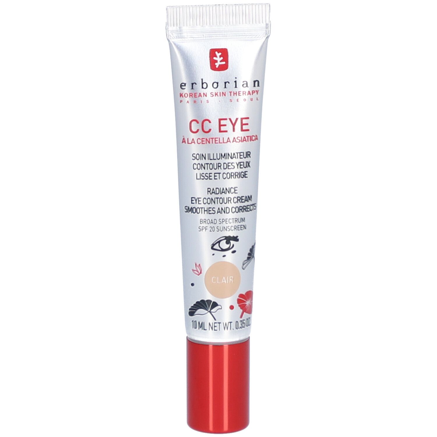 Tube Erborian CC Eye, bouchon rouge. Contient 10 ml. Inscription: CC EYE, clair. Avec écran solaire SPF 20.