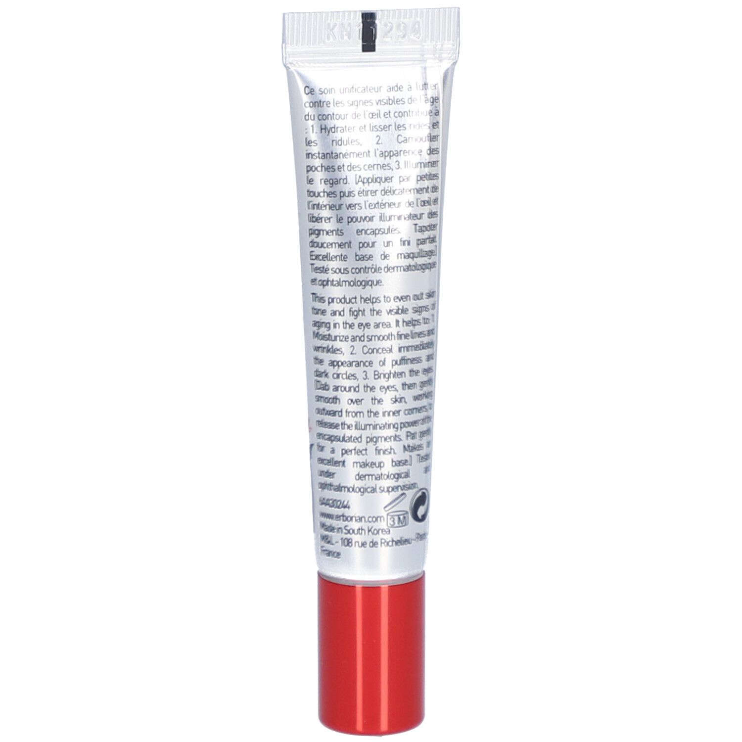 Dos du tube Erborian CC Eye. Texte multilingue. Bouchon rouge. Contient 10 ml. Avec écran solaire SPF 20.