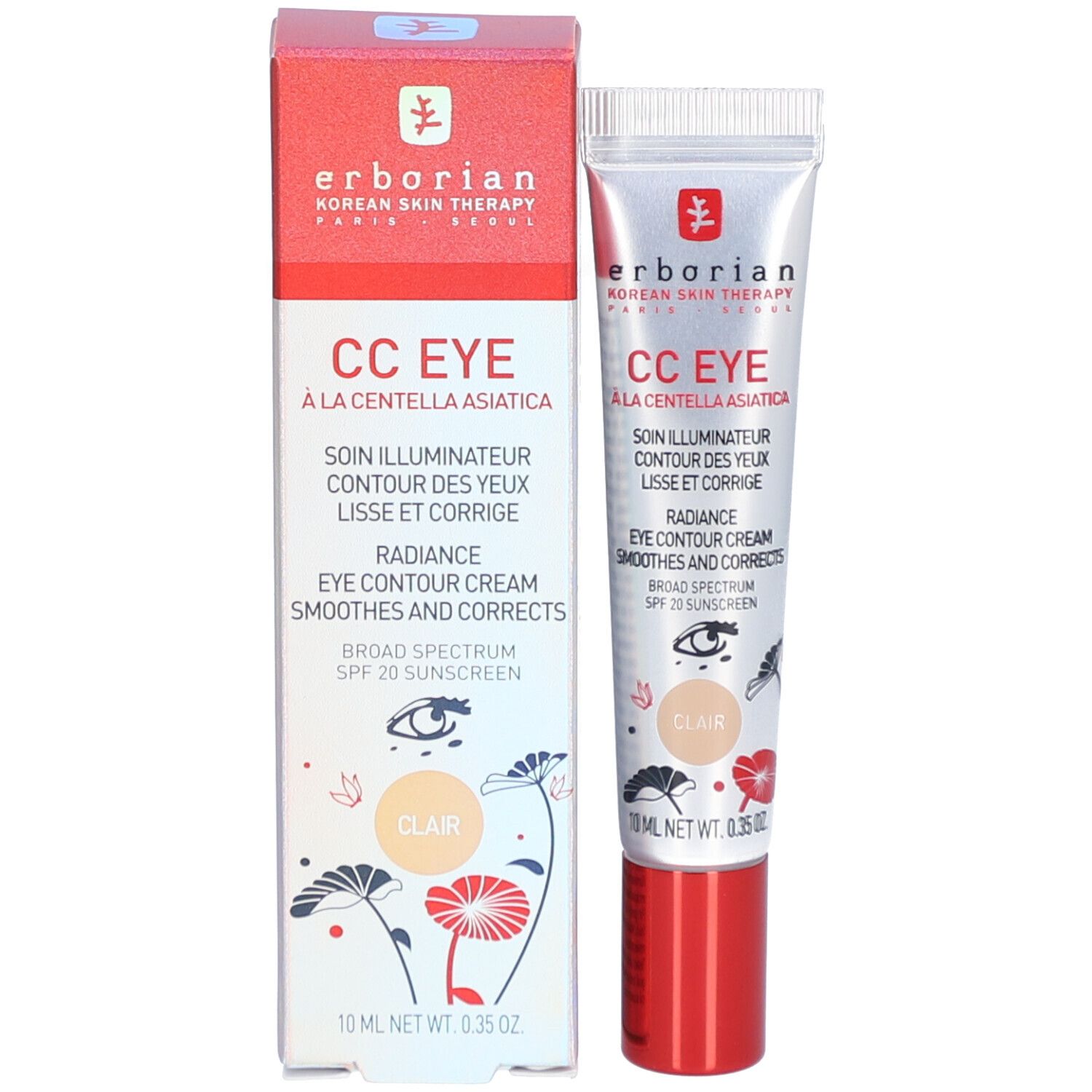 Erborian CC Eye et emballage. Inscription: CC EYE, clair. Avec écran solaire SPF 20. 10 ml. Bouchons rouges. Emballage rouge.