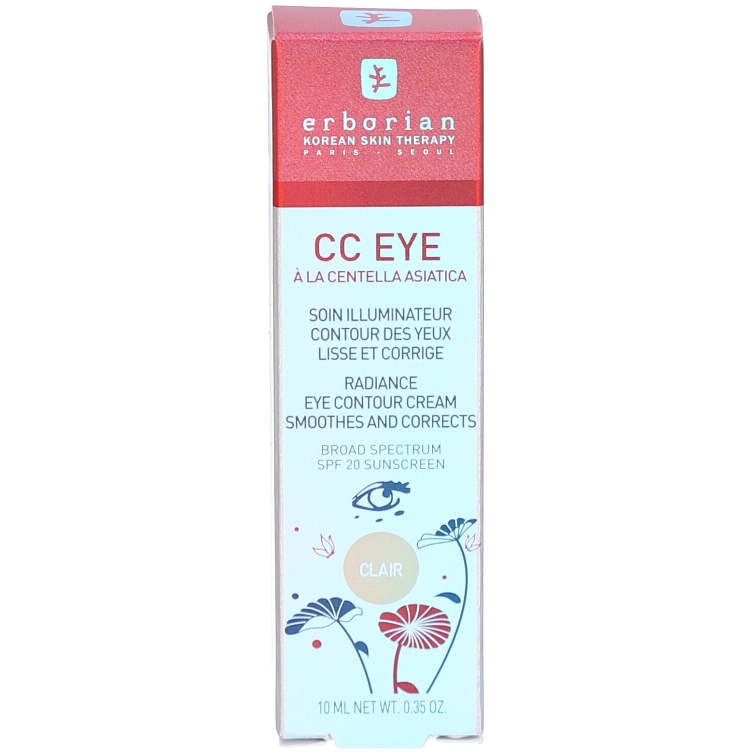 Emballage Erborian CC Eye. Inscription: CC EYE, clair. Avec écran solaire SPF 20. 10 ml. Bouchons rouges. Emballage rouge.