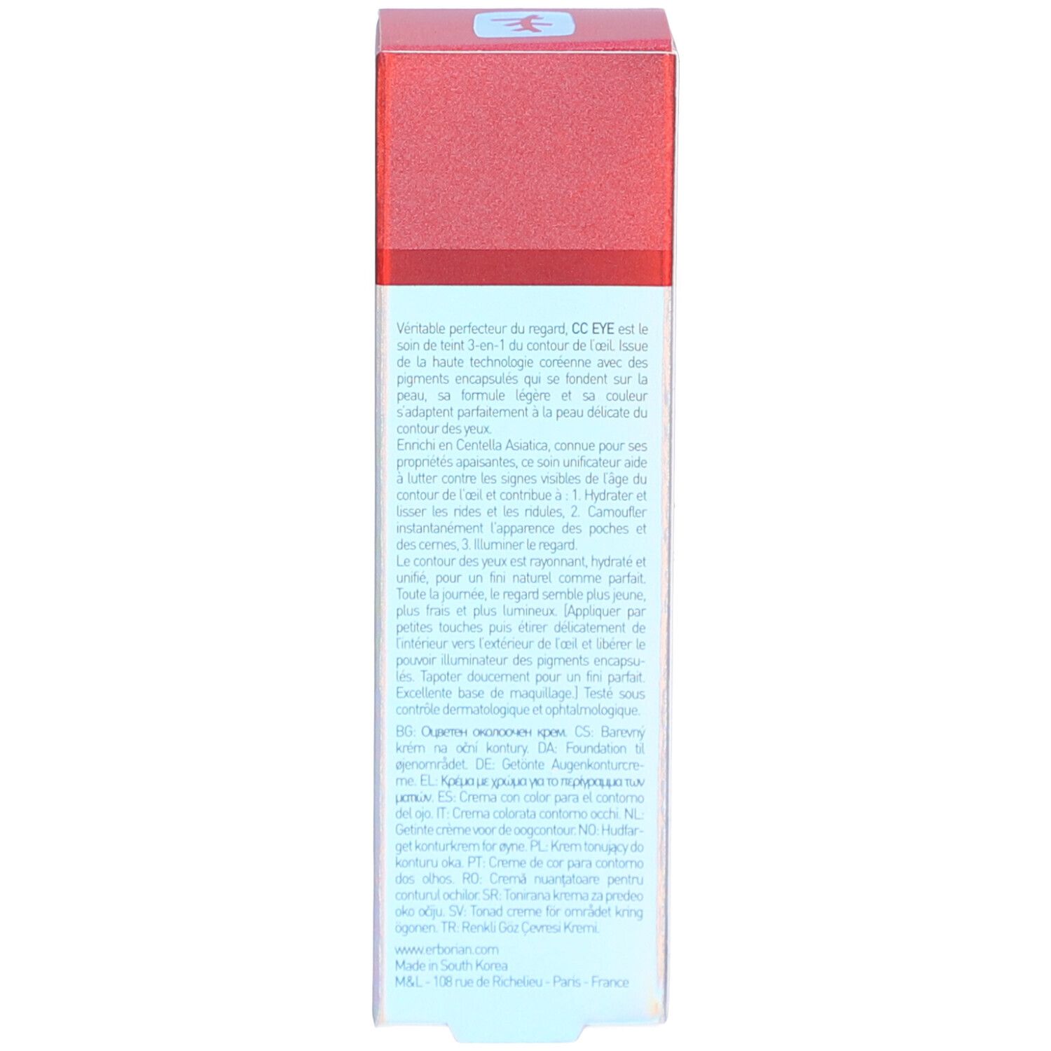 Dos de l'emballage Erborian CC Eye. Texte multilingue. Emballage rouge. Contient 10 ml. Avec SPF 20.