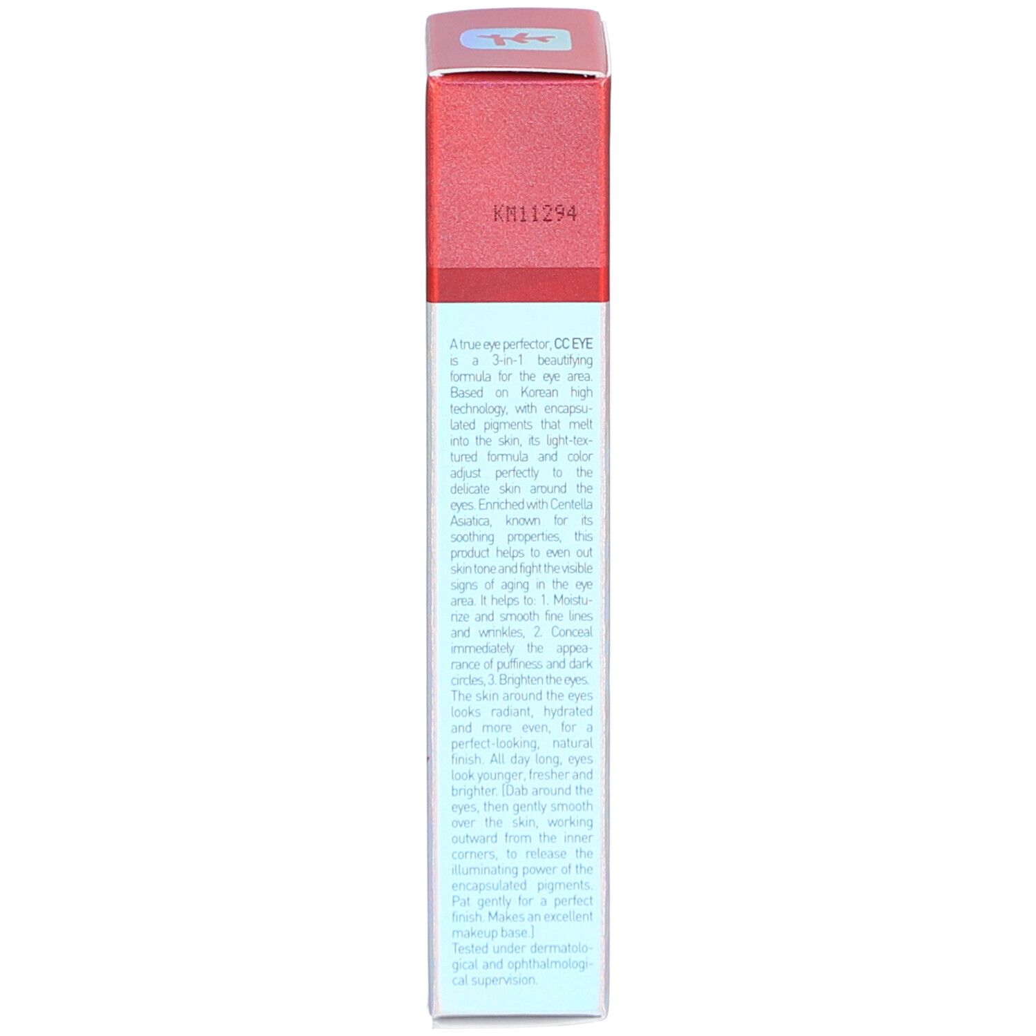 Dos de l'emballage Erborian CC Eye. Texte multilingue. Emballage rouge. Contient 10 ml. Avec SPF 20.