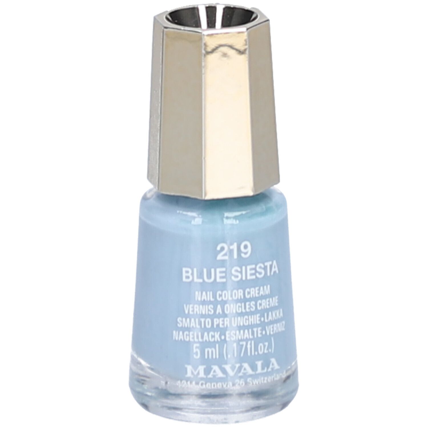 Hellblauer Nagellack in einer Glasflasche mit goldenem Deckel. Aufschrift: 219 Blue Siesta, Nail Color Cream, 5 ml.