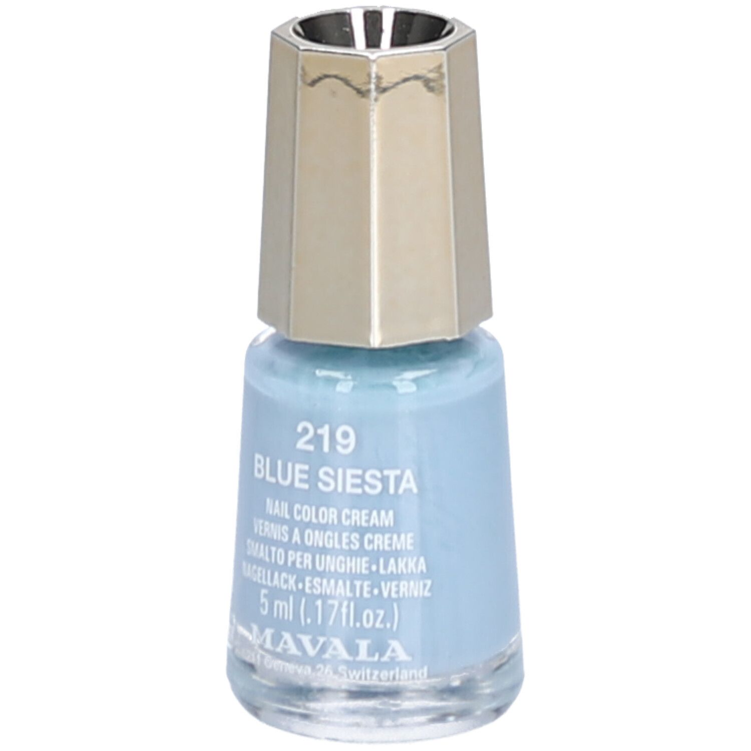 Hellblauer Nagellack in einer Glasflasche mit goldenem Deckel. Aufschrift: 219 Blue Siesta, Nail Color Cream, 5 ml.