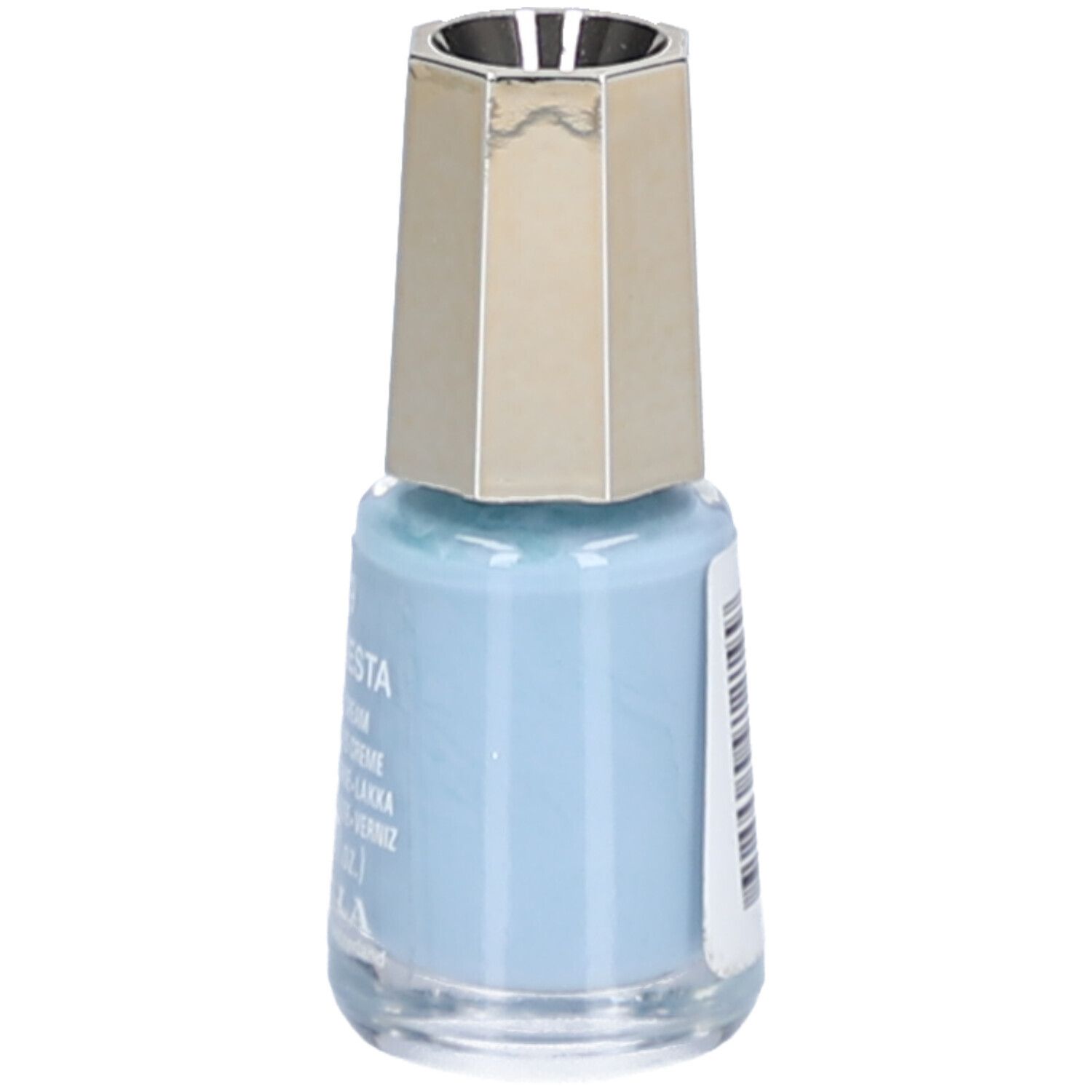 Hellblauer Nagellack in Glasflasche mit goldenem Deckel. Aufschrift: Blue Siesta, Nail Color Cream. Produktname nicht vollständig lesbar.