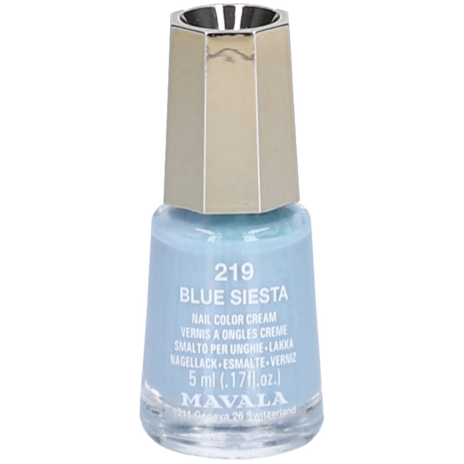 Hellblauer Nagellack in einer Glasflasche mit goldenem Deckel. Aufschrift: 219 Blue Siesta, Nail Color Cream, 5 ml.