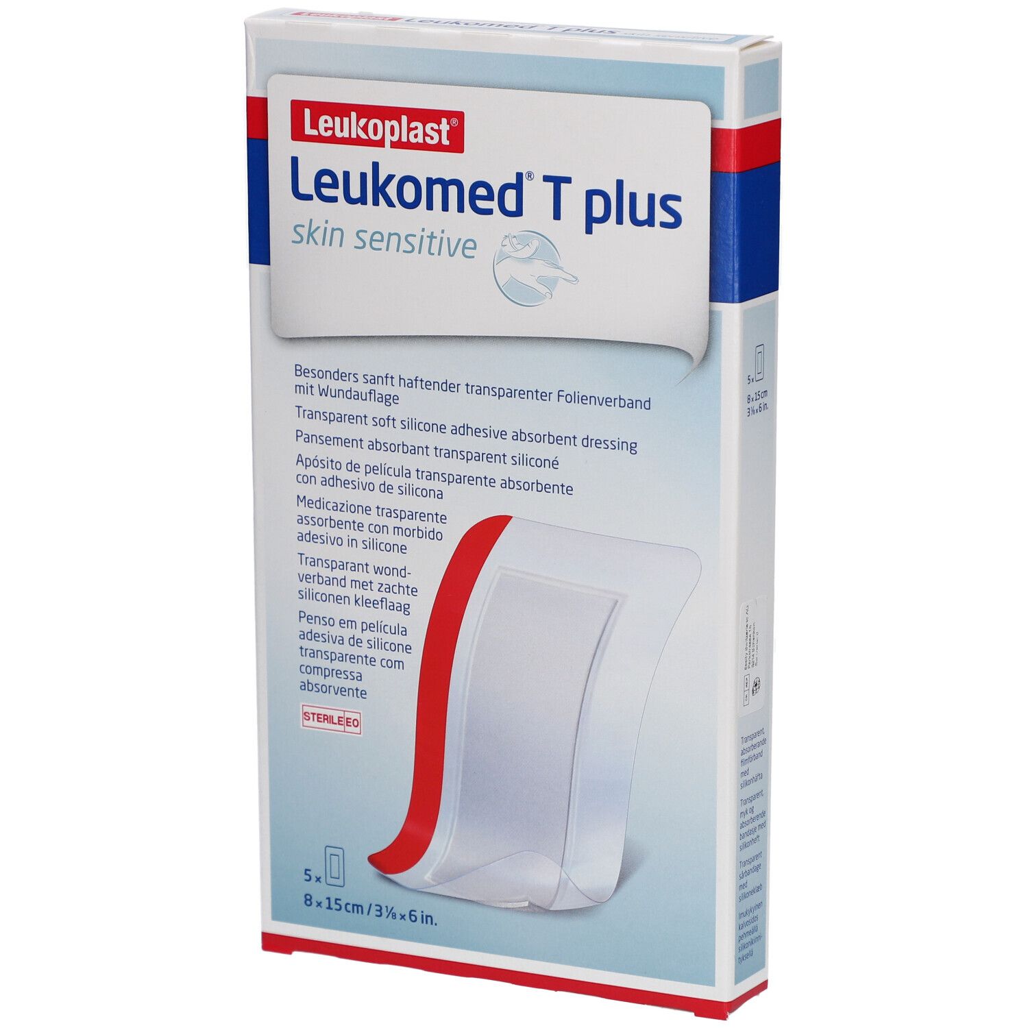 Verpackung mit Leukomed T plus Wundverband. Enthält 5 Verbände, 8x15cm. Sichtbar: Produktname, Größenangabe, transparente Verbände.