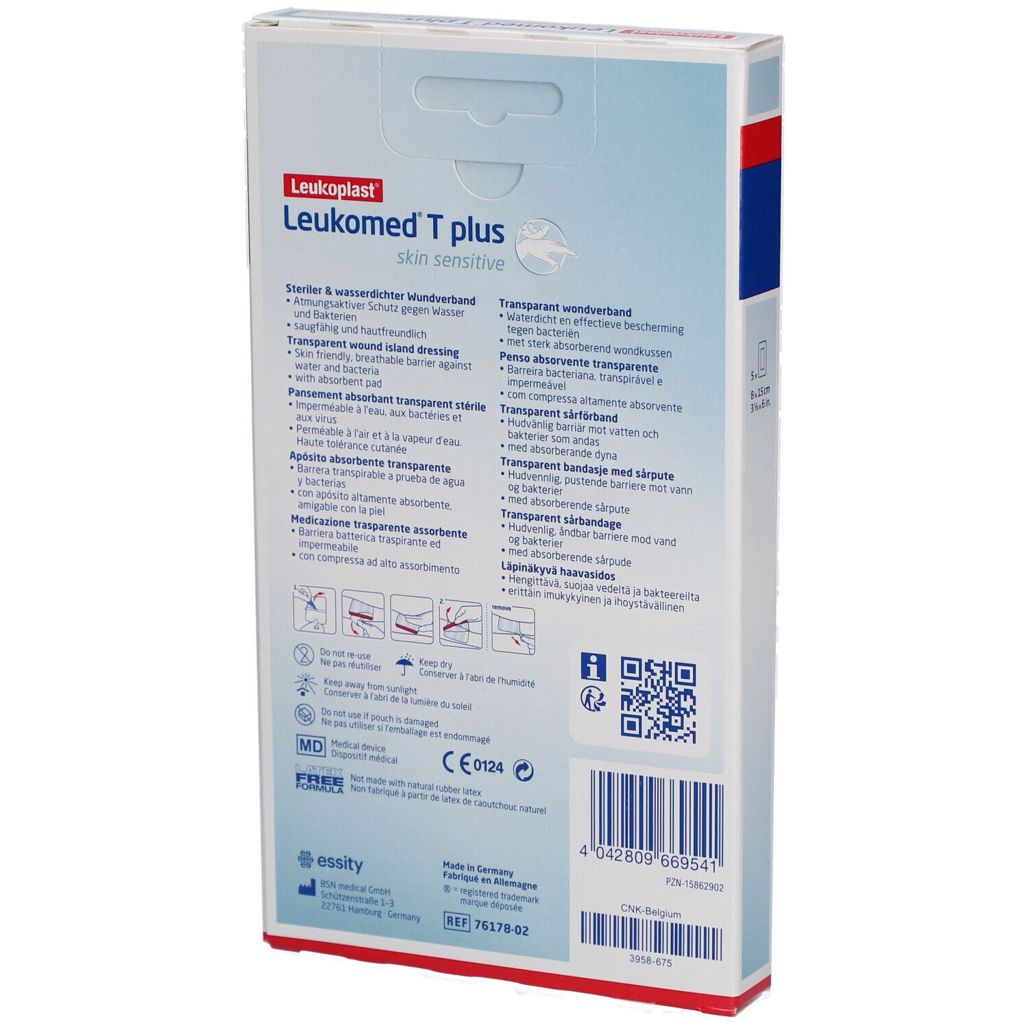 Rückseite der Leukomed T plus Verpackung. Produktinformationen, QR-Code, Herstellerangaben, Zertifizierungen.