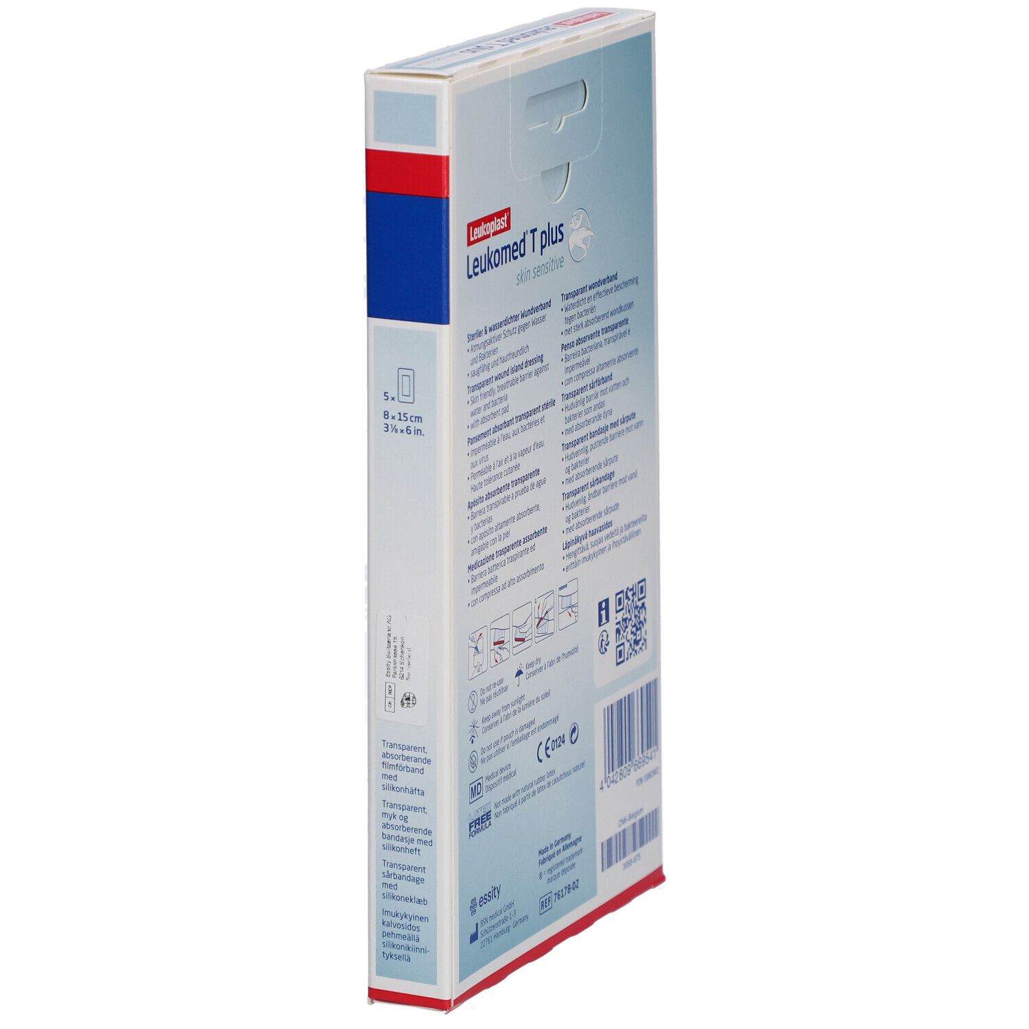 Leukomed T plus Verpackung, Seitenansicht. Produktname, Größenangabe, transparente Verbände. Text und Piktogramme.