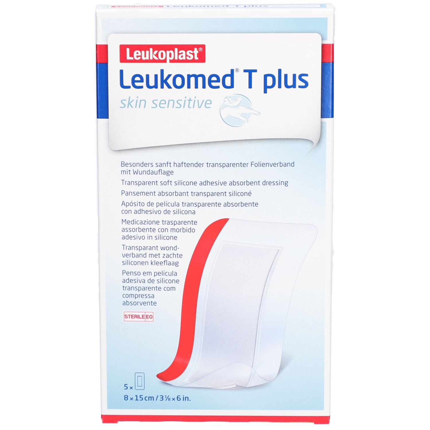 Leukomed T plus Verpackung. Produktname, Größenangabe, 5 Verbände. Transparenter Verband mit rotem Akzent.
