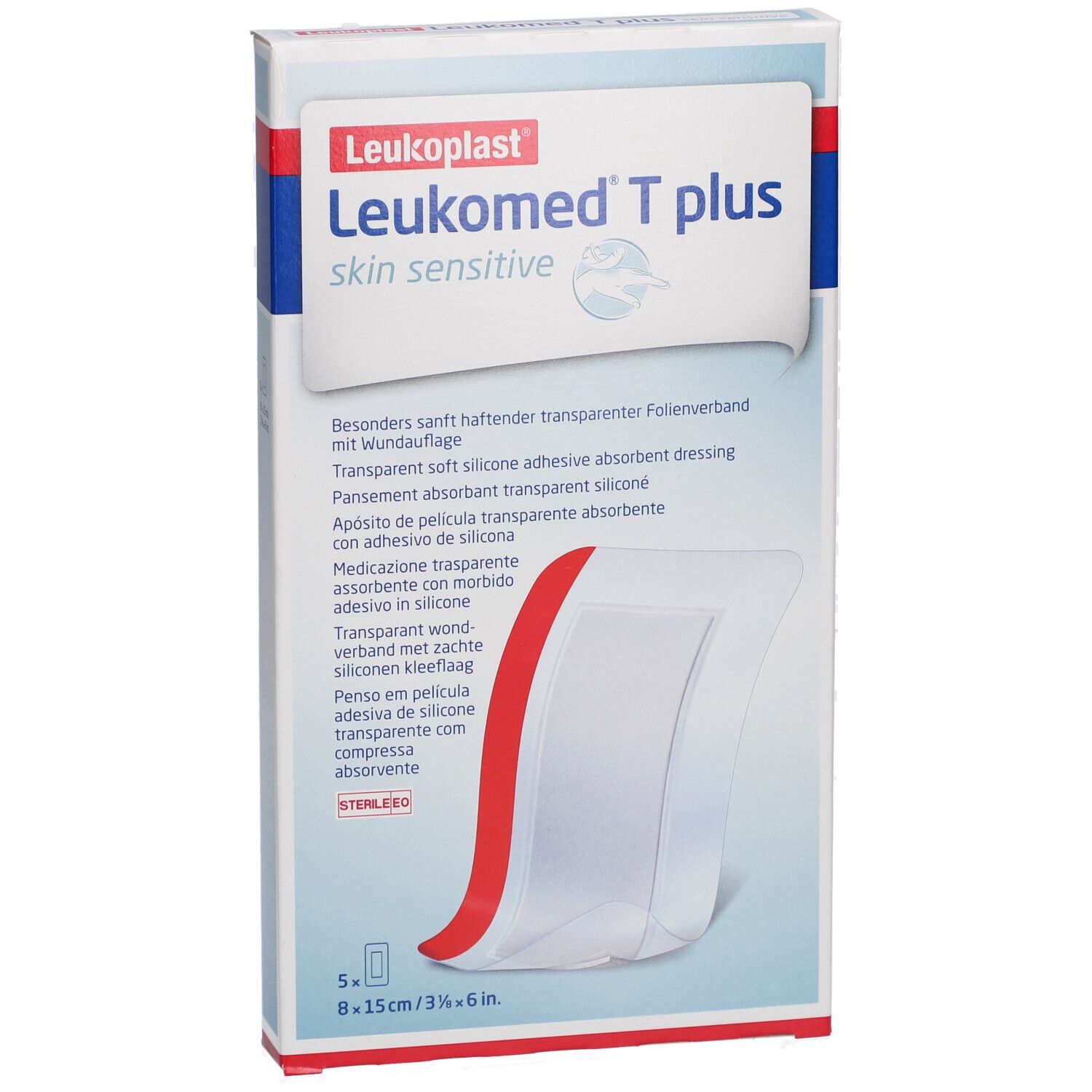 Leukomed T plus Verpackung. Produktname, Größenangabe, 5 Verbände. Transparenter Verband mit rotem Akzent.