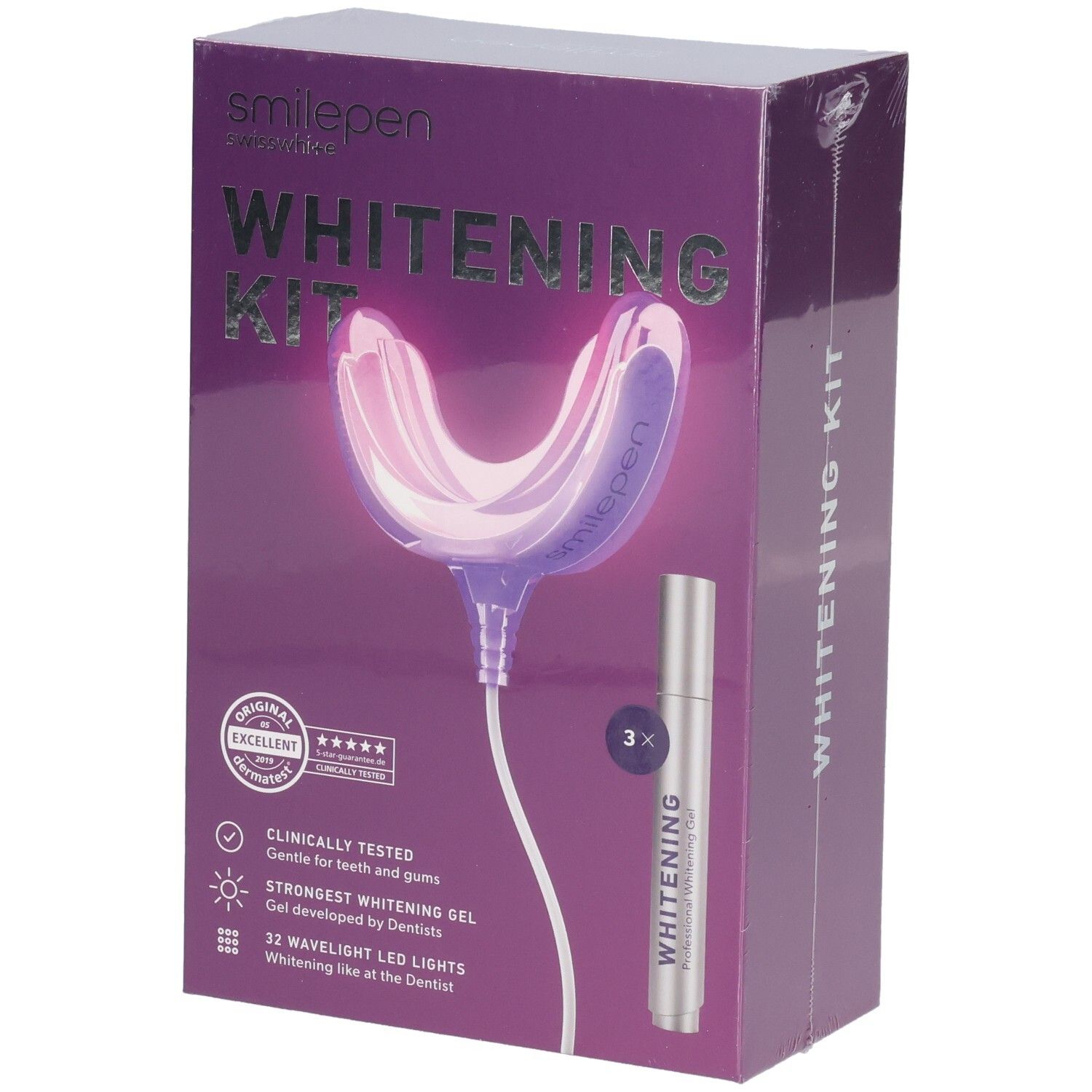 Verpackung des SMILEPEN Whitening Kit. Enthält LED-Licht, Gel und Zertifizierungen. Lila-weiße Farbkombination.