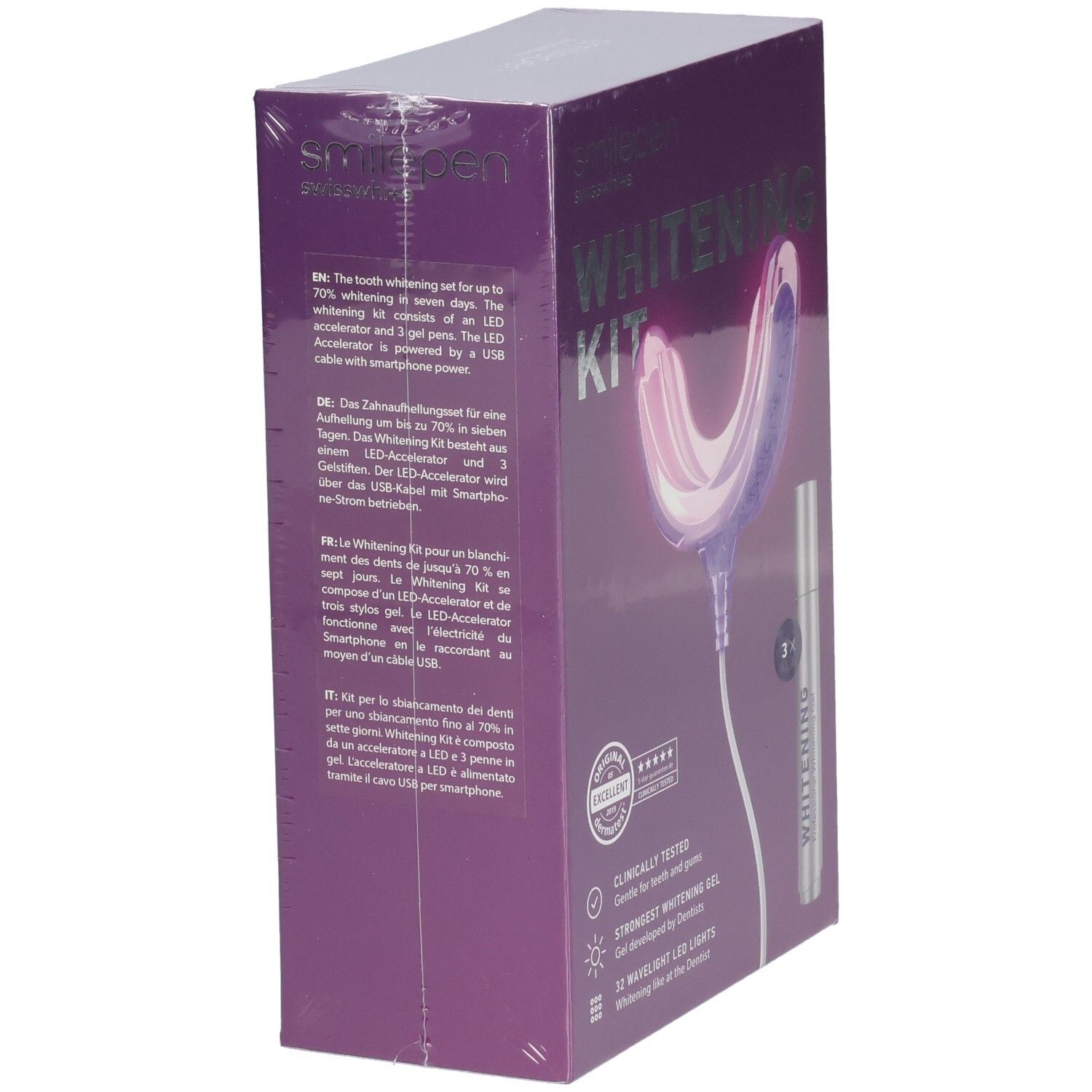 SMILEPEN Whitening Kit Verpackung. Text in Deutsch, Englisch und Französisch. Enthält LED-Licht und Gel.