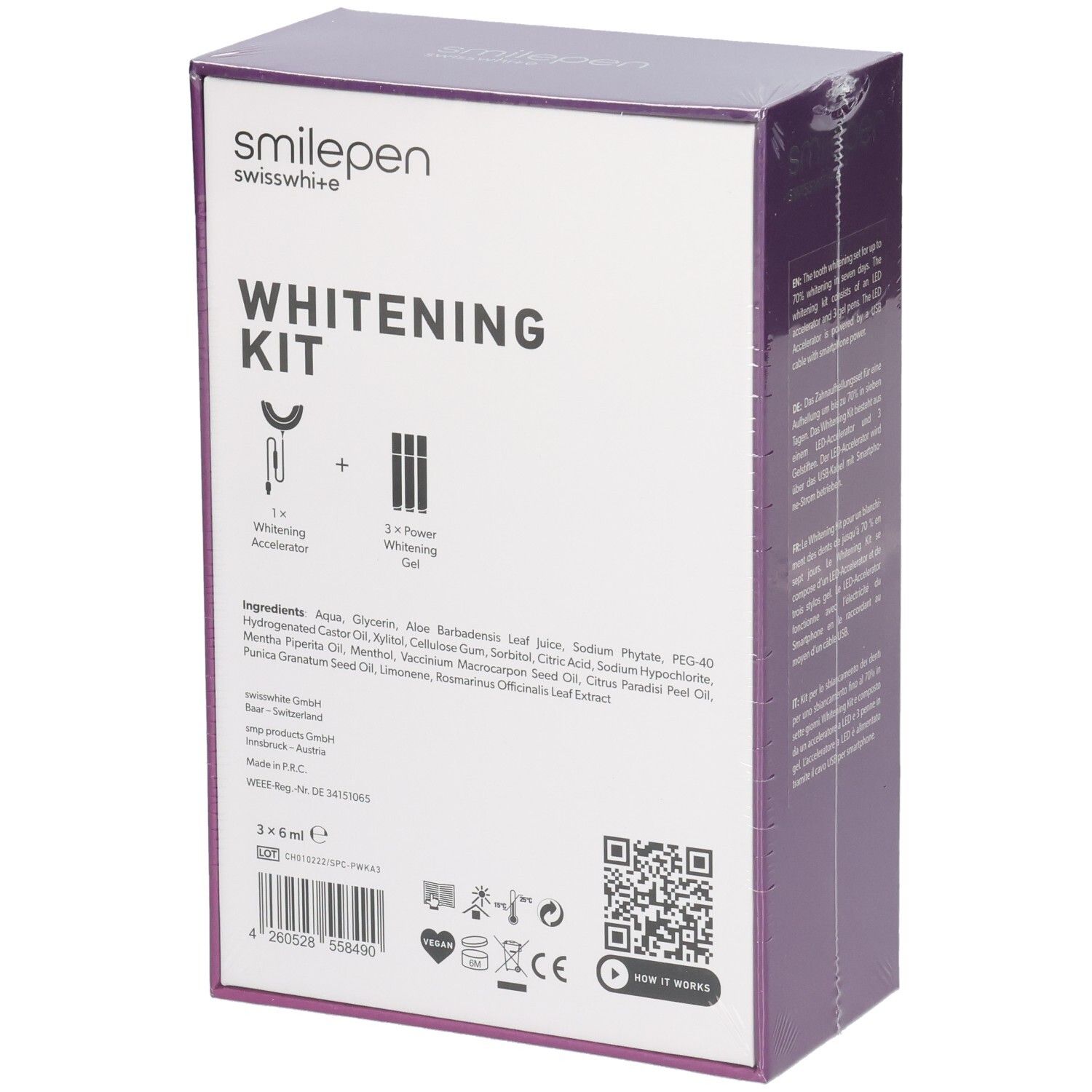 Rückseite der SMILEPEN Whitening Kit Verpackung. Enthält Inhaltsstoffe, QR-Code und Piktogramme.