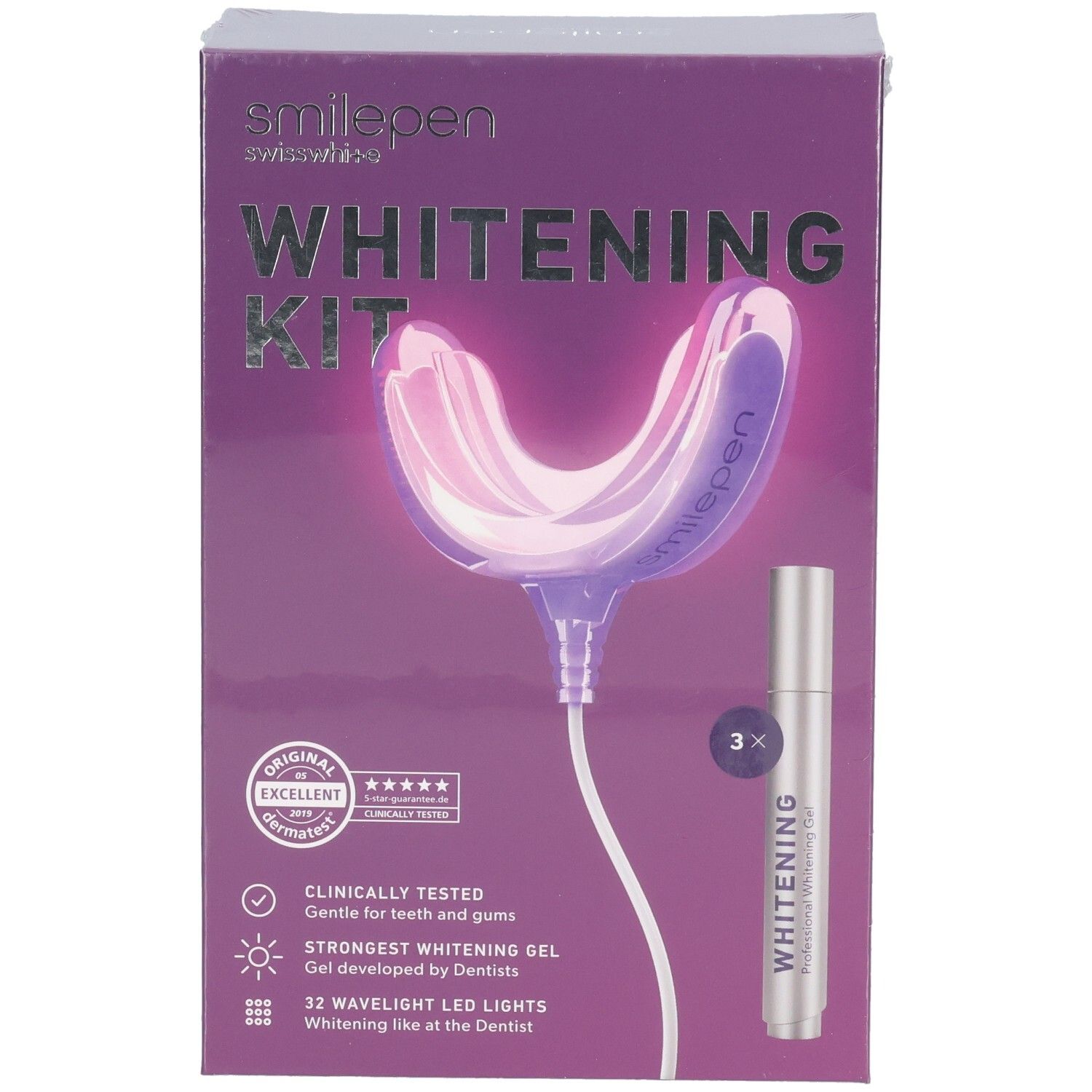 Vorderansicht der SMILEPEN Whitening Kit Verpackung. Enthält LED-Licht, Gel und Zertifizierungen.