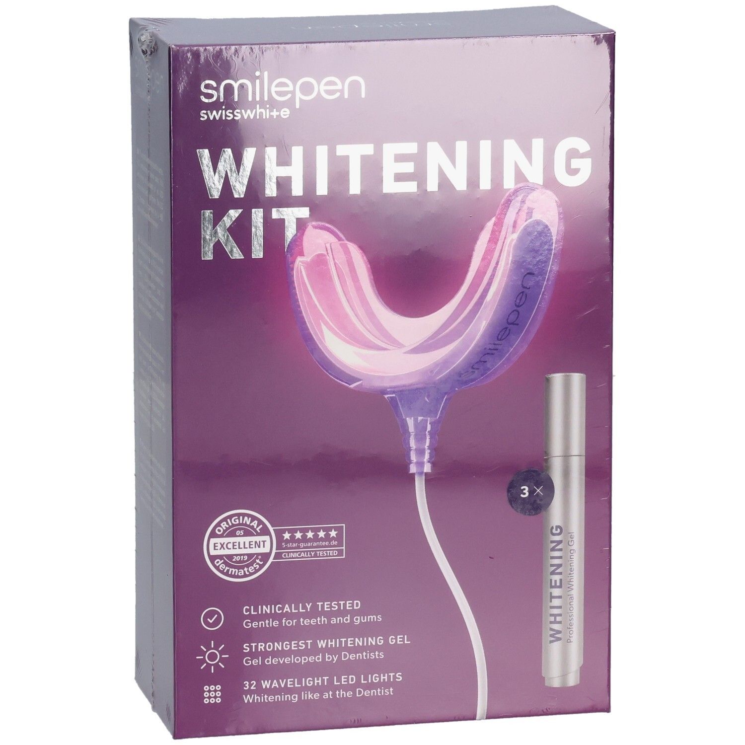 SMILEPEN Whitening Kit Verpackung. Enthält LED-Licht, Gel und Zertifizierungen. Produktname deutlich sichtbar.