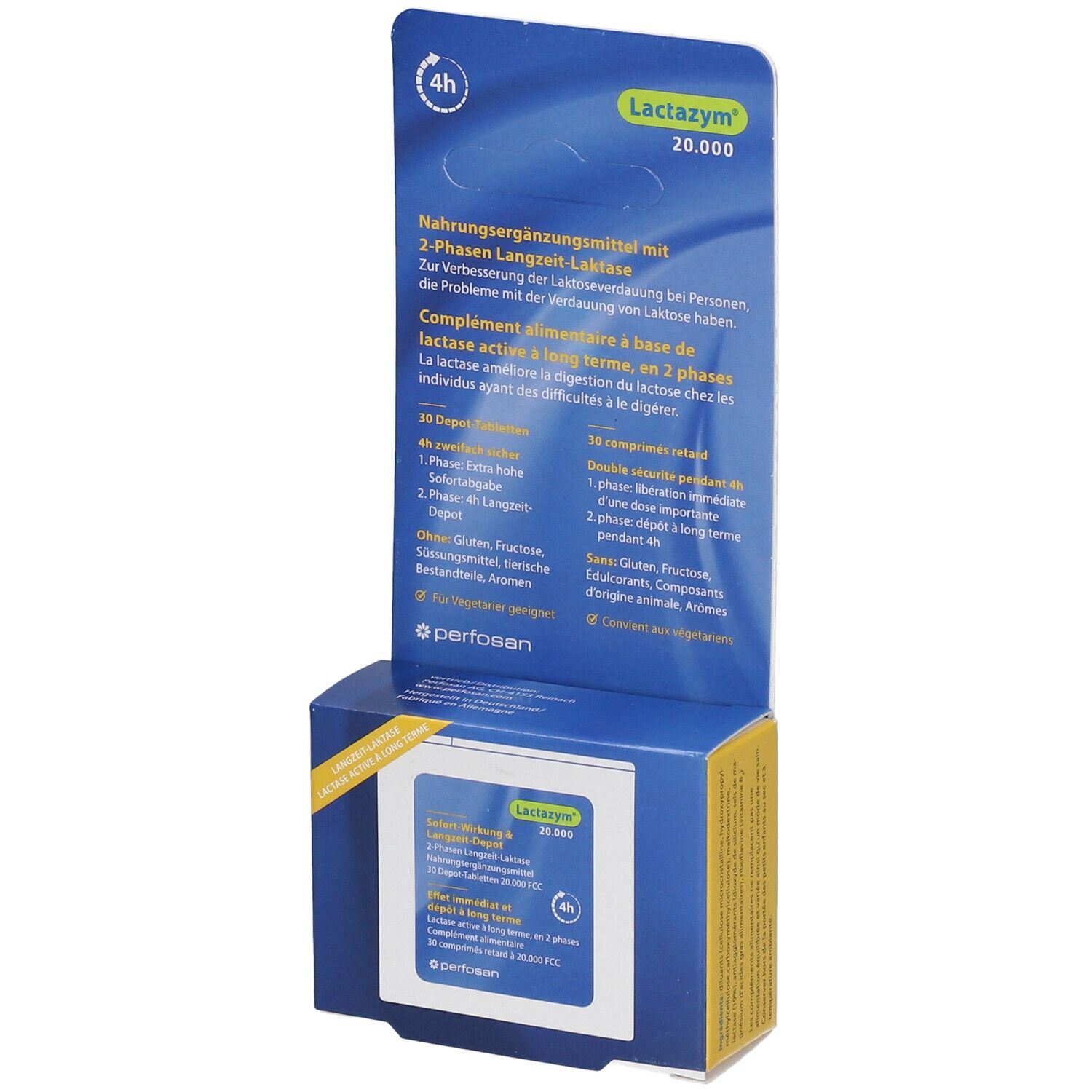 Blau-gelbe Verpackung von Lactazym 20.000. Vorderseite mit Produktnamen, Text und 4h-Symbol. Perforiertes Design.