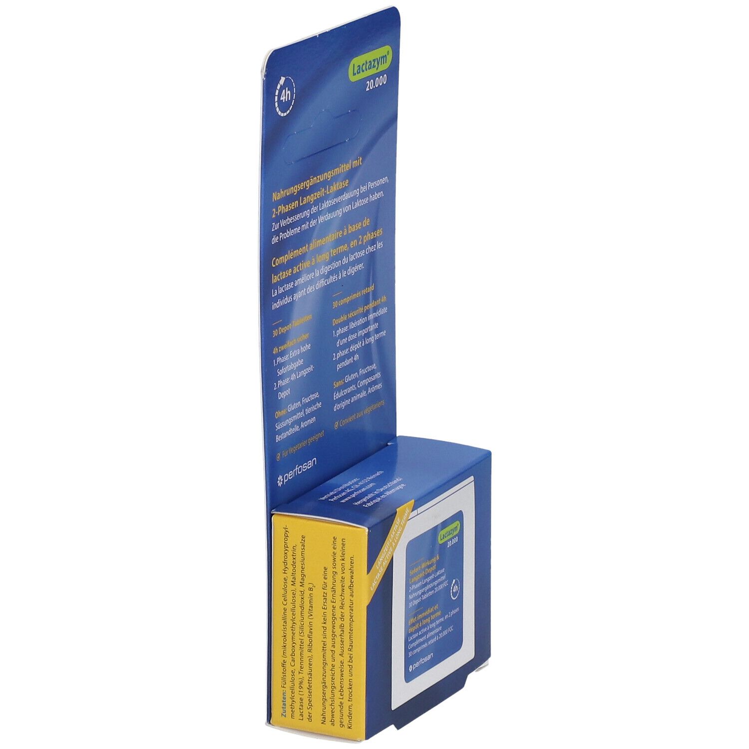 Seitenansicht der blau-gelben Lactazym 20.000 Verpackung. Text und Produktinformationen auf der Rückseite. Perforiertes Design.