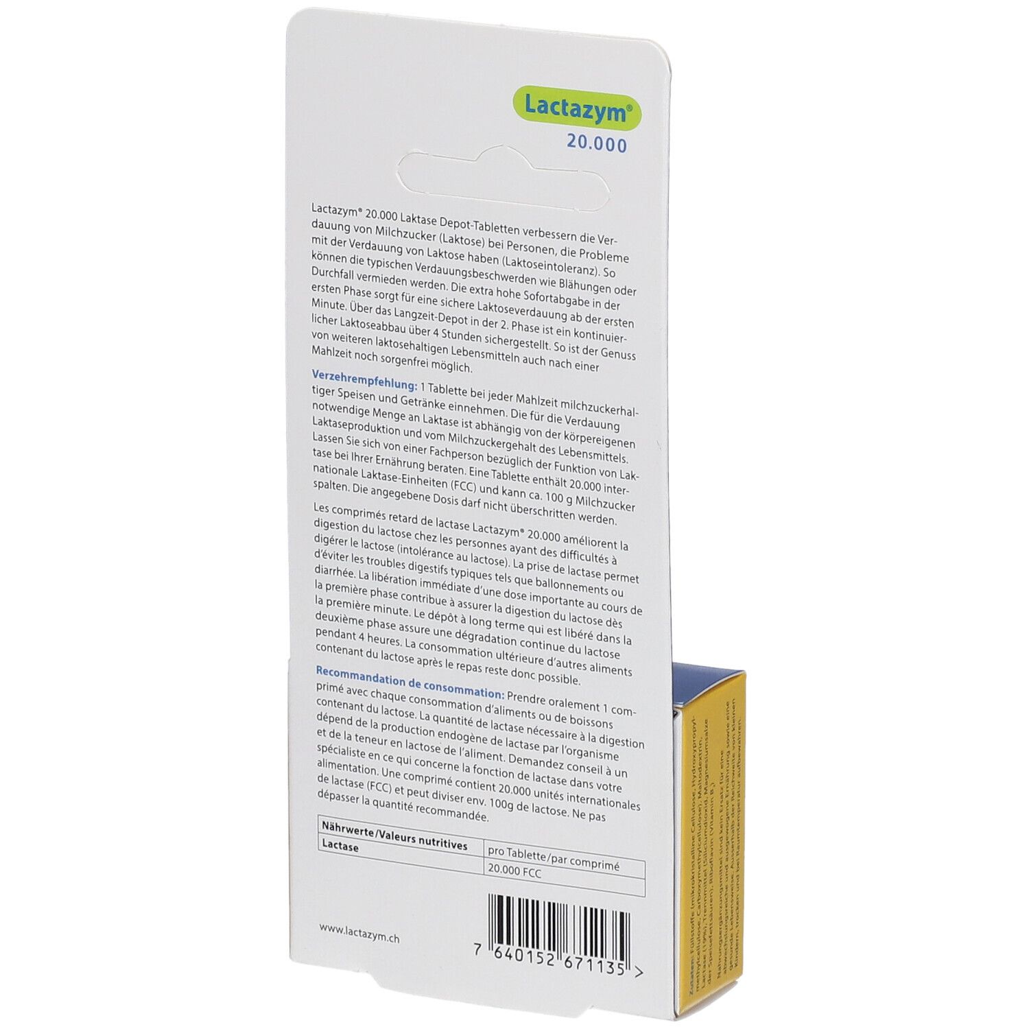 Rückseite der Lactazym 20.000 Verpackung. Text mit Produktinformationen und Inhaltsstoffen. Gelber Hintergrund.