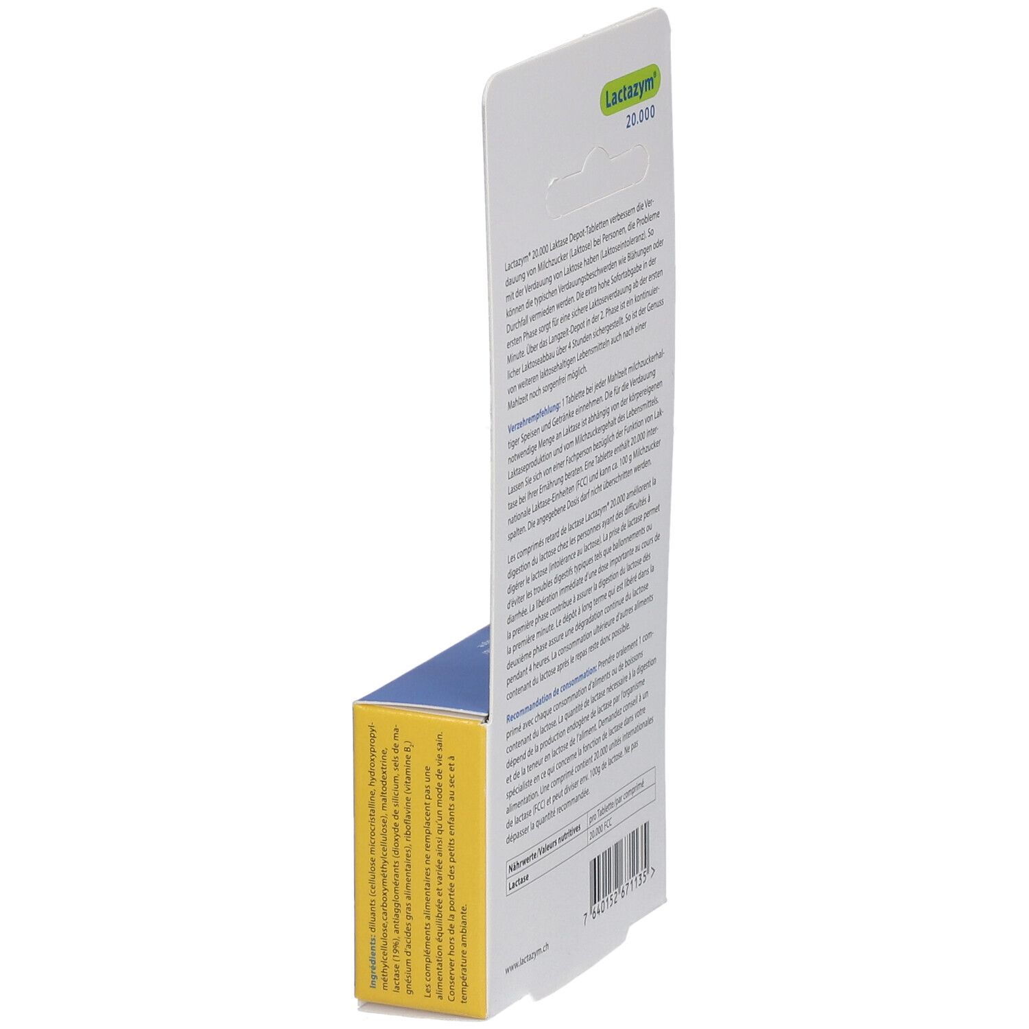 Seitenansicht der Lactazym 20.000 Verpackung. Text und Produktinformationen auf der Rückseite. Gelber Hintergrund.
