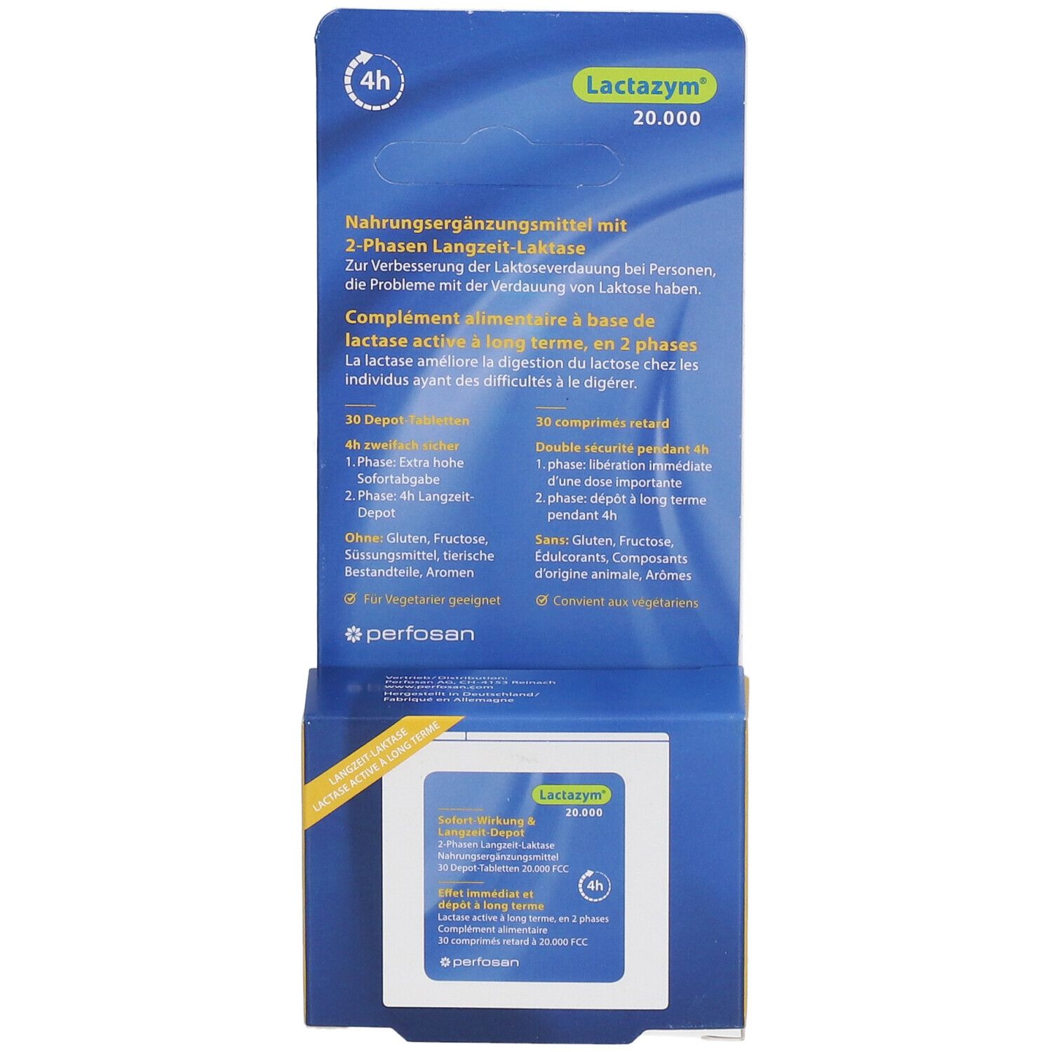 Vorderseite der Lactazym 20.000 Verpackung. Produktname, Text und 4h-Symbol. Blau-gelbes Design.