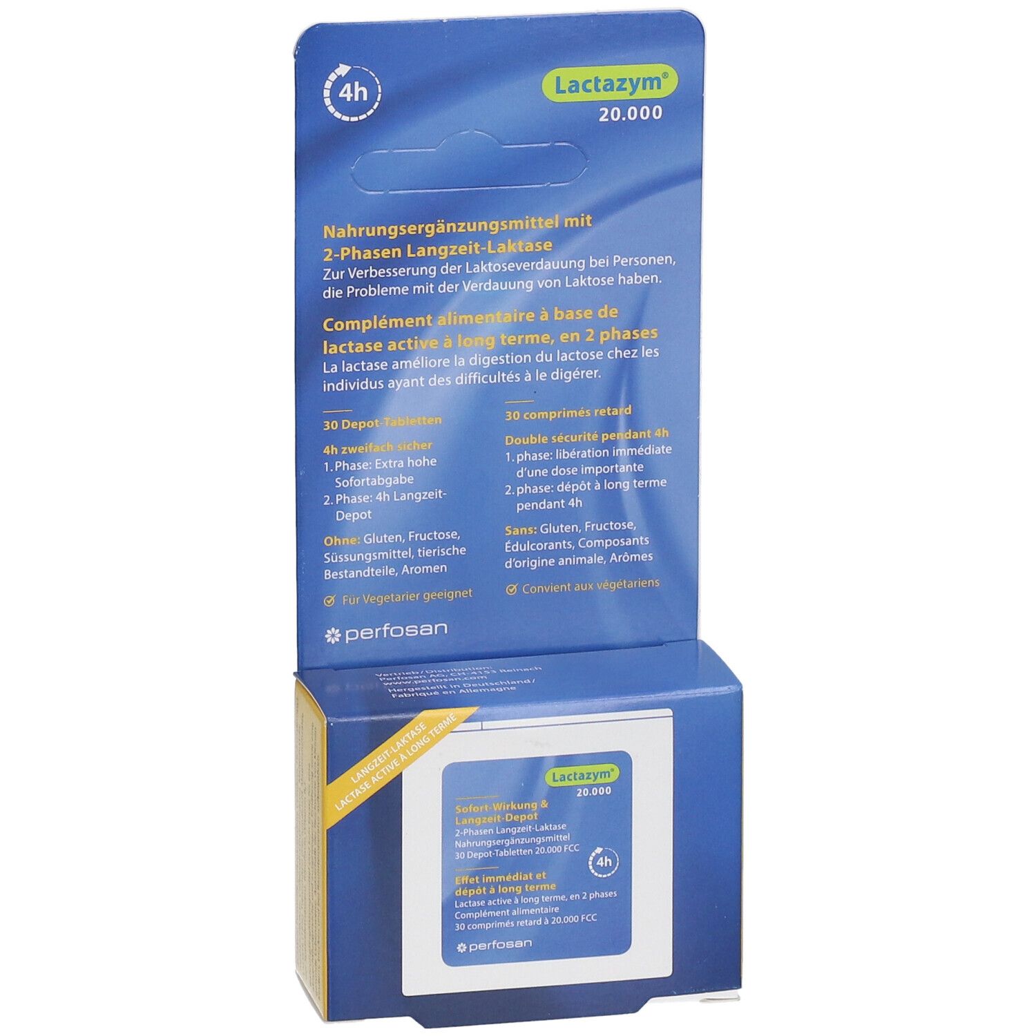 Vorderseite der Lactazym 20.000 Verpackung. Produktname, Text und 4h-Symbol. Blau-gelbes Design.