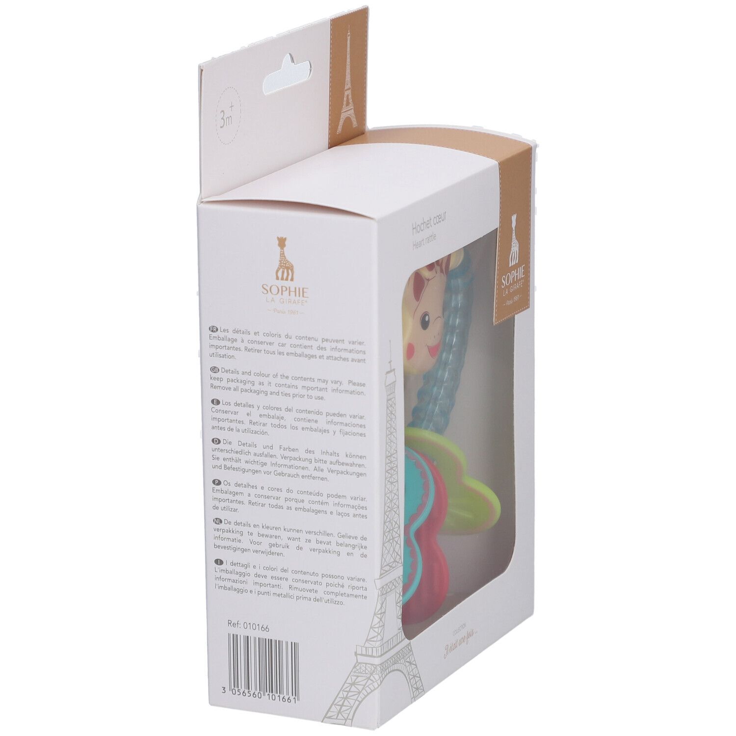 Emballage du hochet cœur. Vue latérale avec texte et logo Sophie la girafe. Illustration de la Tour Eiffel.