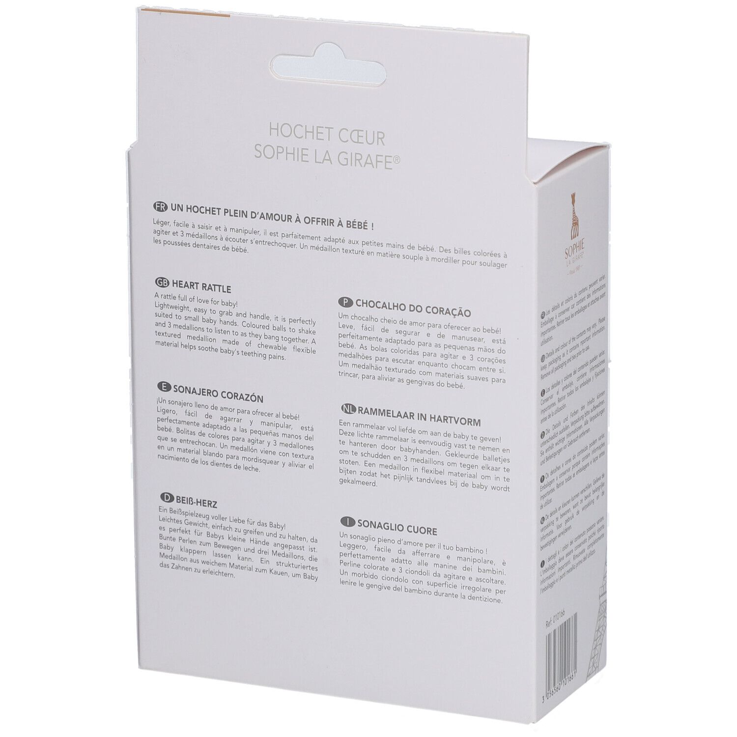 Dos de l'emballage. Texte multilingue. Logo Sophie la girafe. Illustration de la Tour Eiffel.