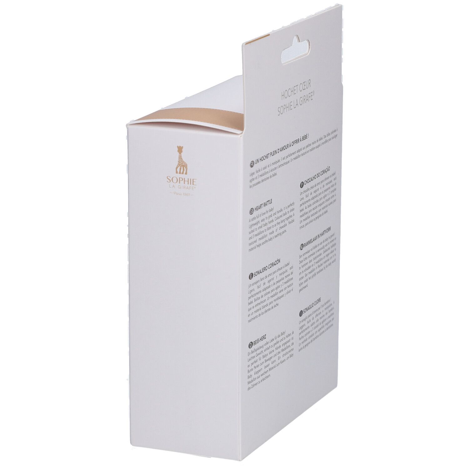 Vue latérale de l'emballage. Texte et logo Sophie la girafe. Illustration de la Tour Eiffel.