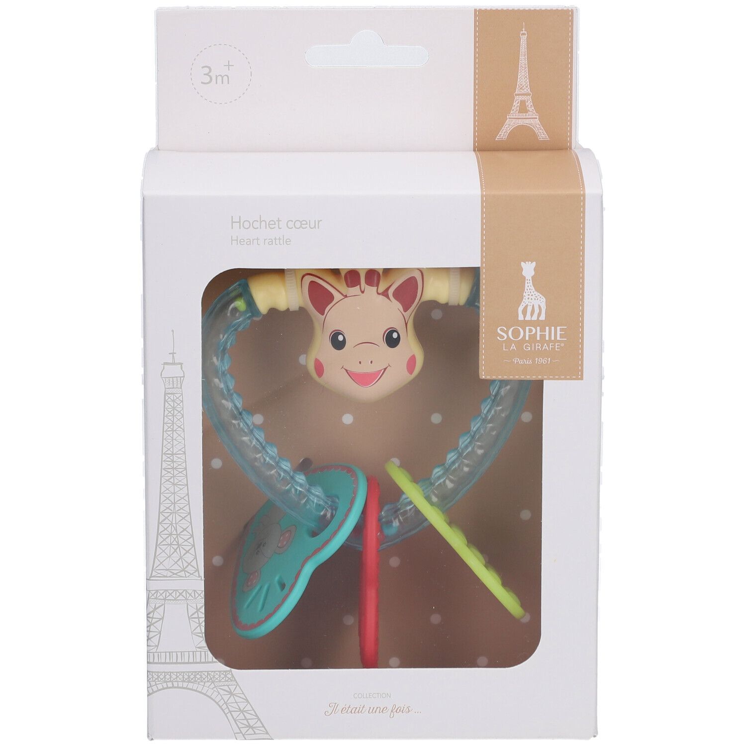 Hochet cœur dans son emballage. Forme de cœur, girafe et éléments colorés. Marque Sophie la girafe.