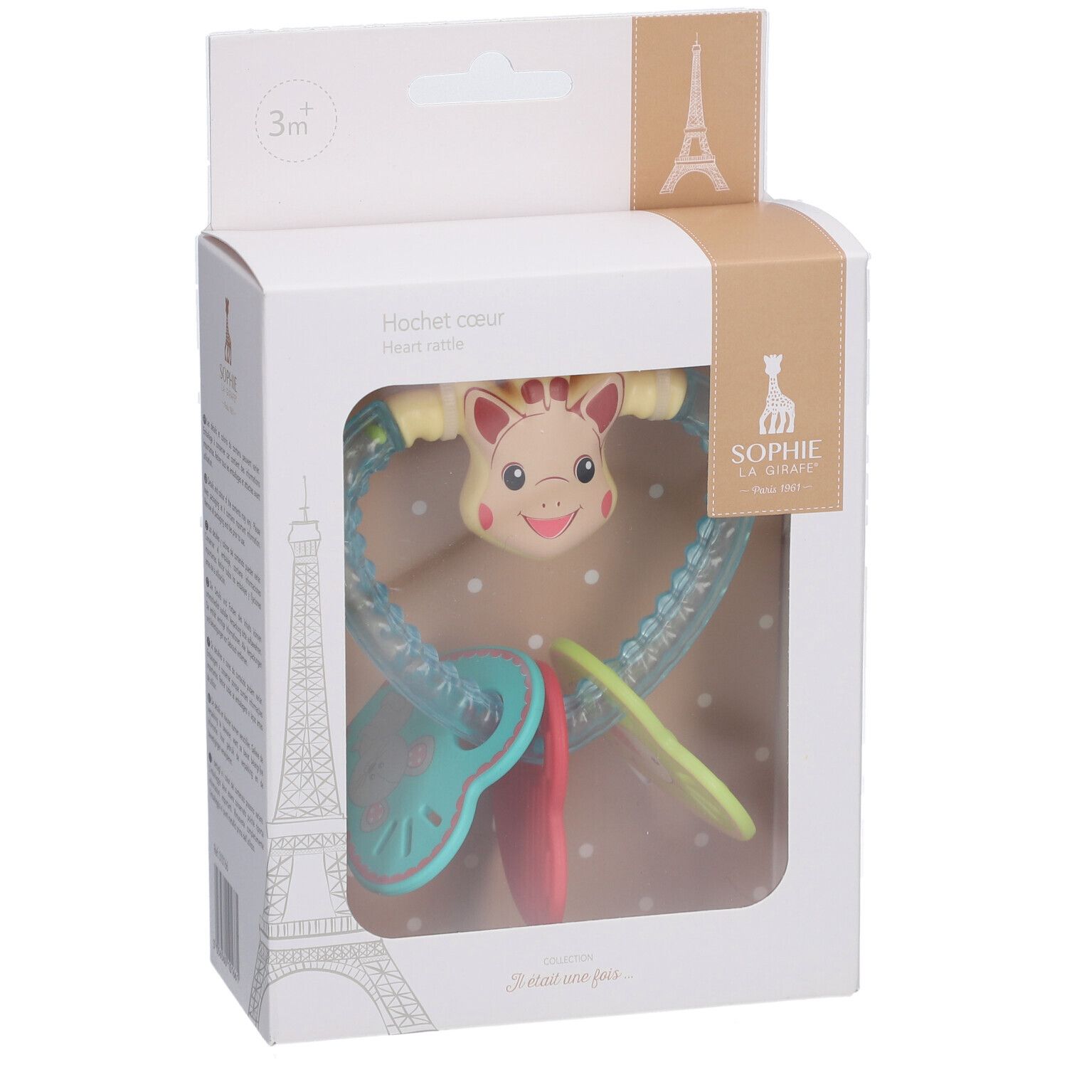 Hochet cœur dans son emballage. Forme de cœur, girafe et éléments colorés. Marque Sophie la girafe.