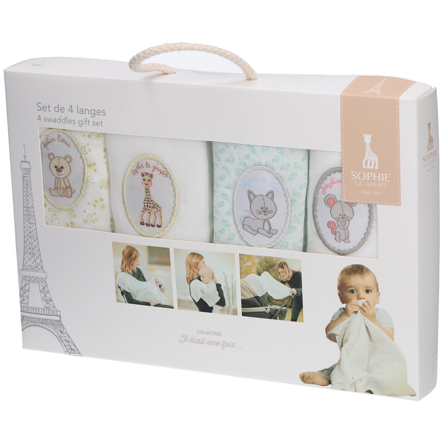 Coffret cadeau de 4 langes. Emballage avec poignée et illustrations. Logo Sophie la girafe® et Tour Eiffel.