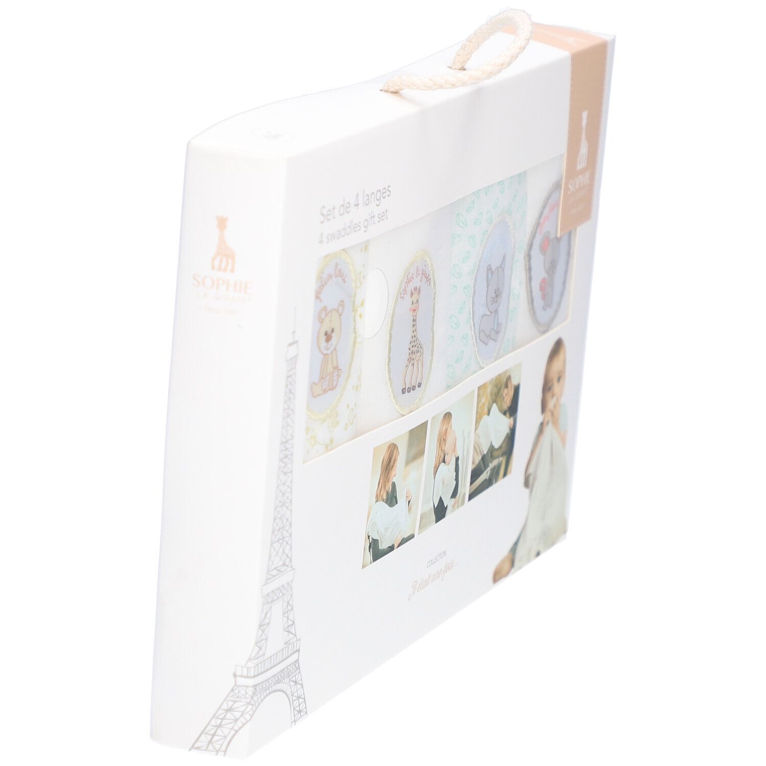 Emballage du set de langes. Boîte blanche avec poignée. Logo Sophie la girafe® et texte. Vue latérale.