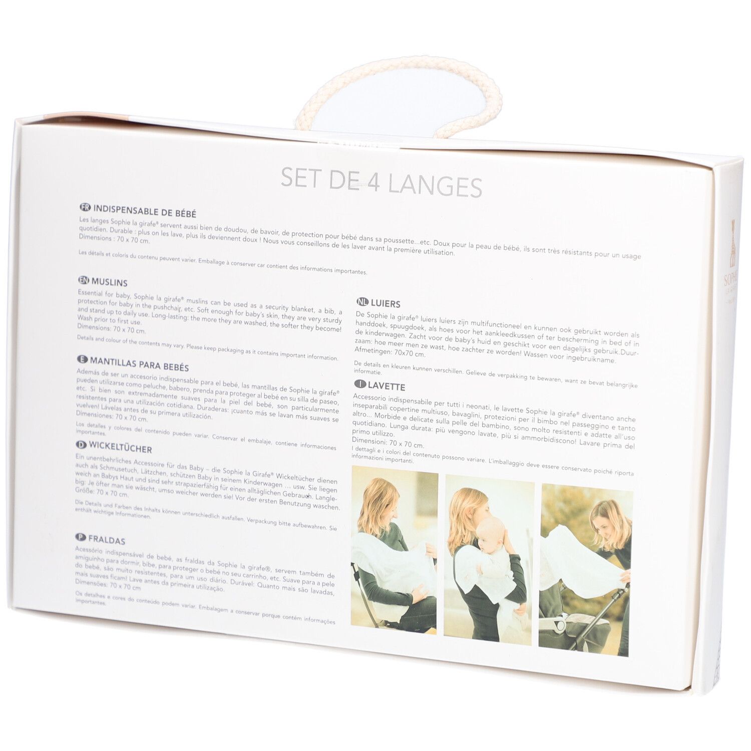 Dos de l'emballage du set de langes. Texte en plusieurs langues. Illustrations de bébés.