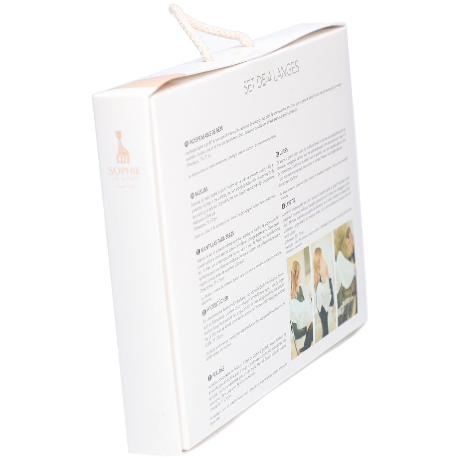 Vue latérale de l'emballage du set de langes. Texte multilingue. Logo Sophie la girafe®.