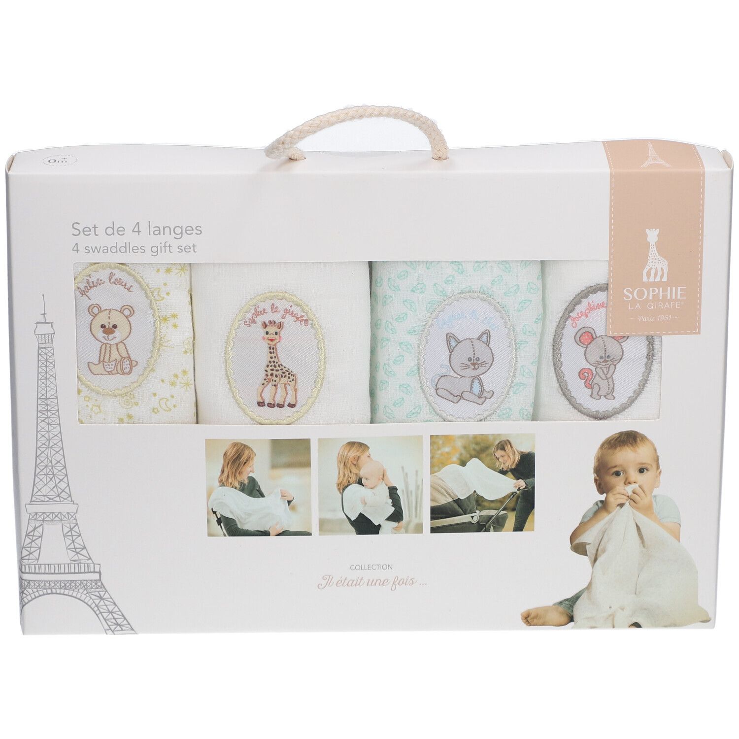 Coffret cadeau de 4 langes. Emballage avec poignée et illustrations. Logo Sophie la girafe® et Tour Eiffel.