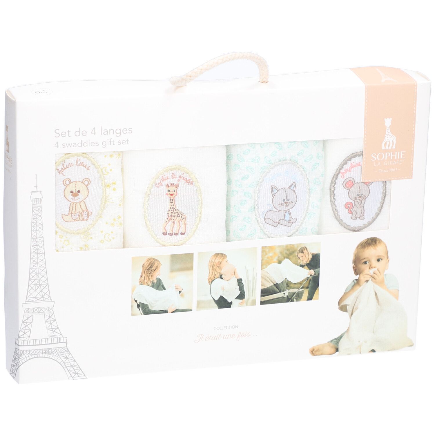 Coffret cadeau de 4 langes. Emballage avec poignée et illustrations. Logo Sophie la girafe® et Tour Eiffel.