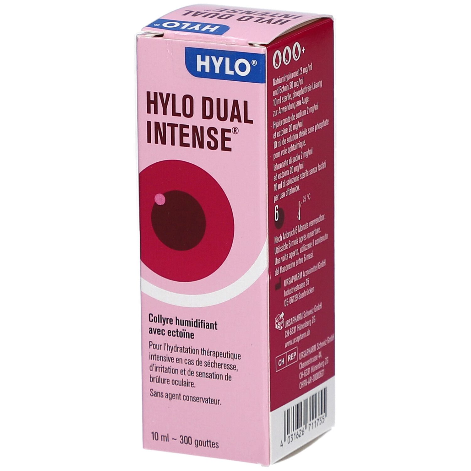 Rosa Verpackung mit Produktnamen und Logo. Abbildung eines Auges. Text in Deutsch und Französisch. Enthält Informationen.