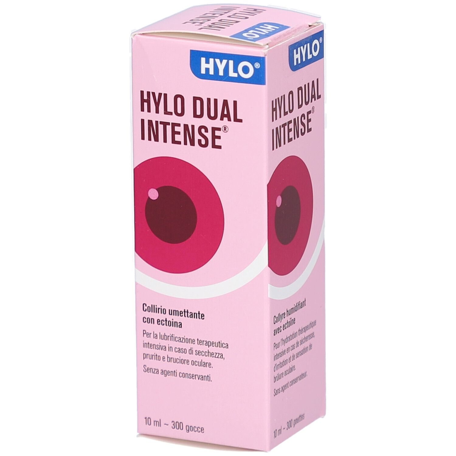 Rosa Verpackung mit Produktnamen und Logo. Abbildung eines Auges. Text in Deutsch und Italienisch. Enthält Informationen.