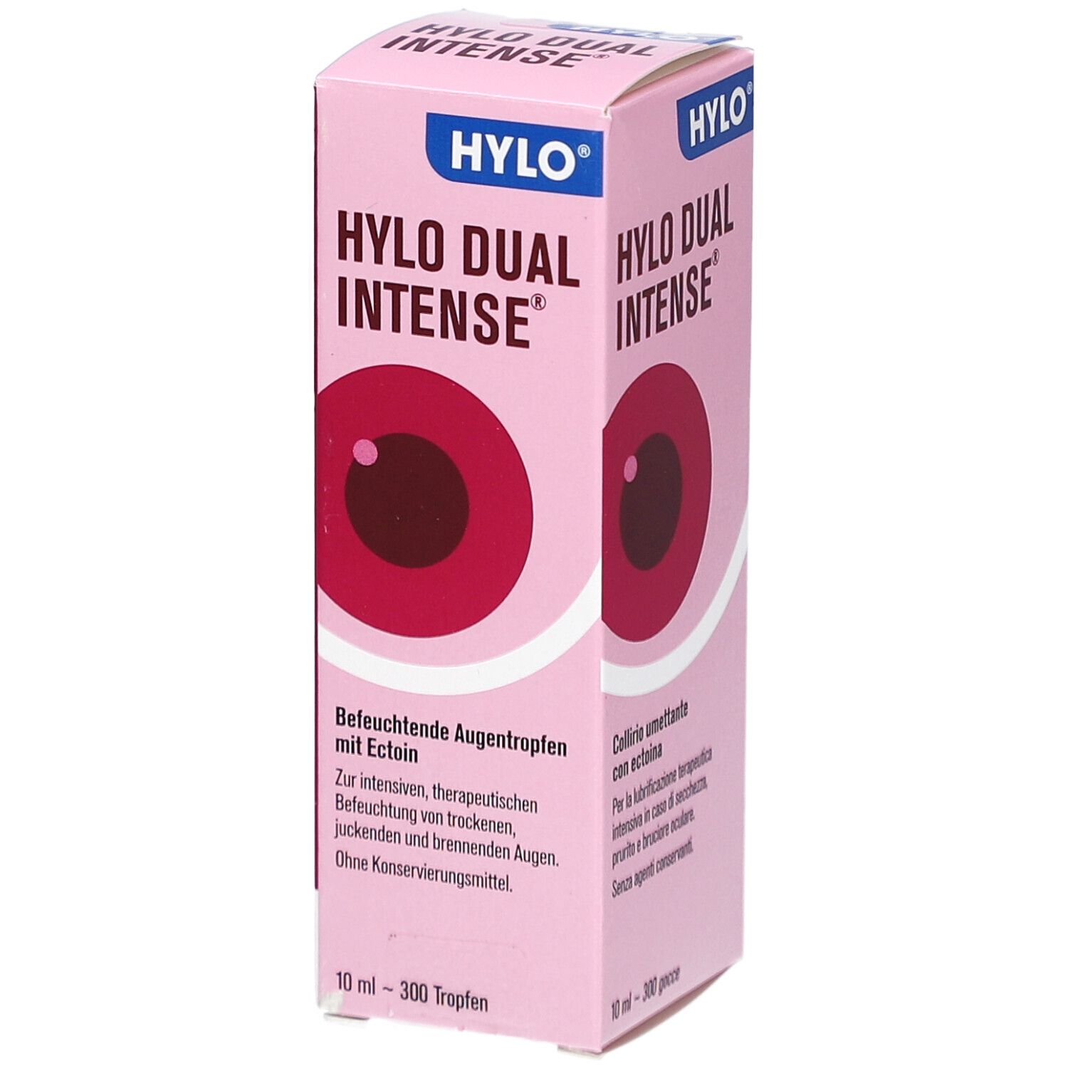 Rosa Verpackung mit Produktnamen und Logo. Abbildung eines Auges. Text in Deutsch und Italienisch. Enthält Informationen.