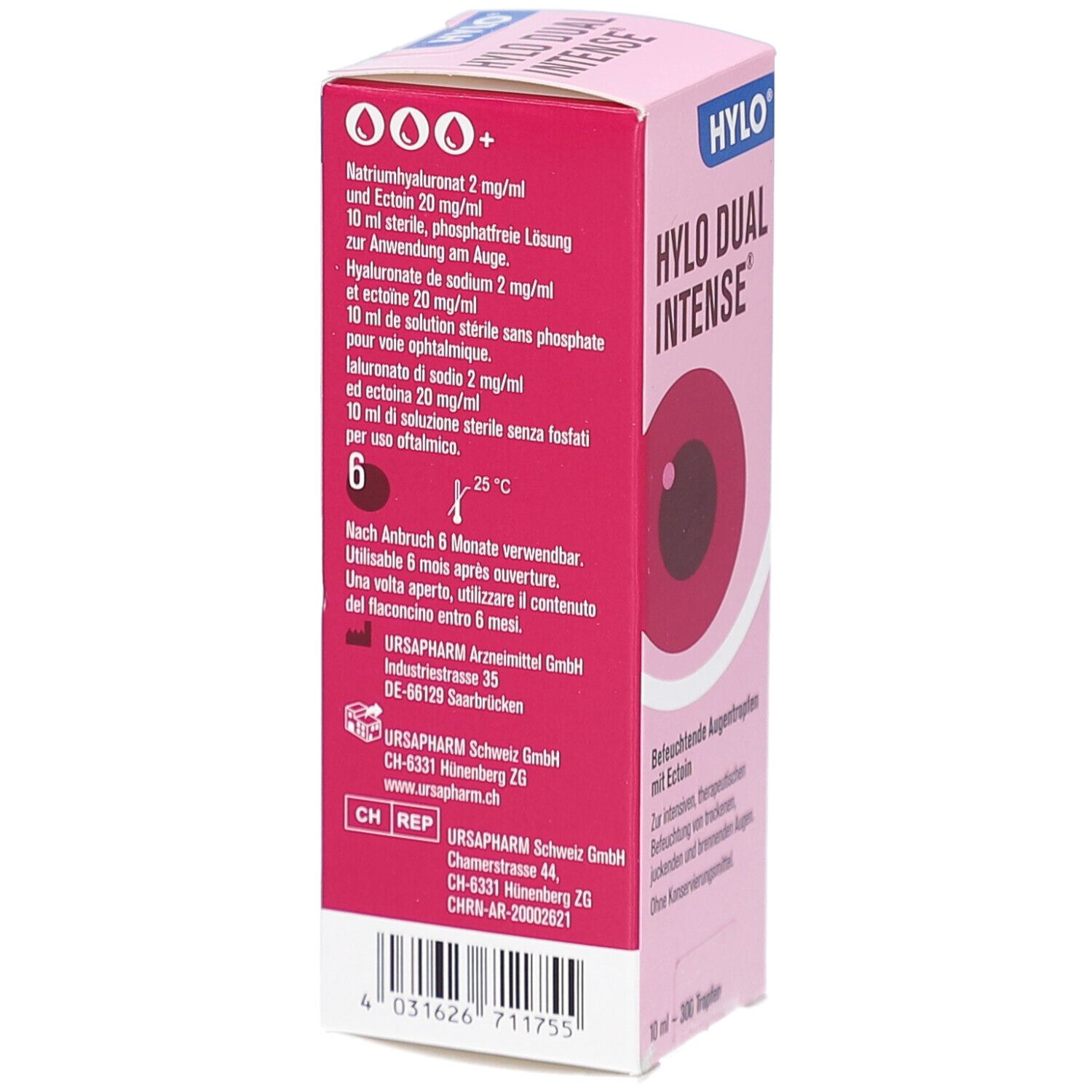 Rosa Verpackung mit Produktnamen und Logo. Abbildung eines Auges. Text in Deutsch. Enthält Informationen über Inhaltsstoffe und Anwendung.