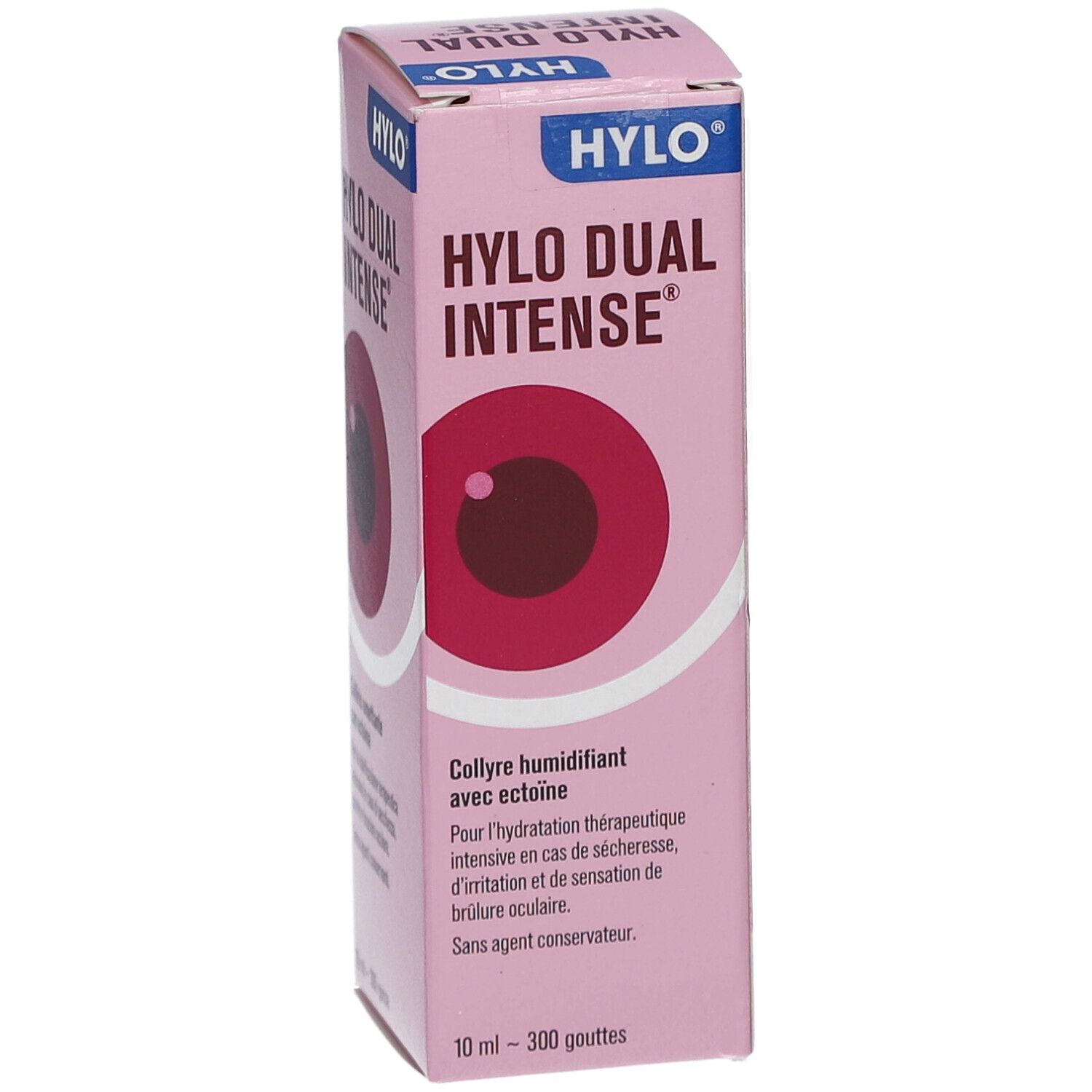 Rosa Verpackung mit Produktnamen und Logo. Abbildung eines Auges. Text in Französisch. Enthält Informationen.